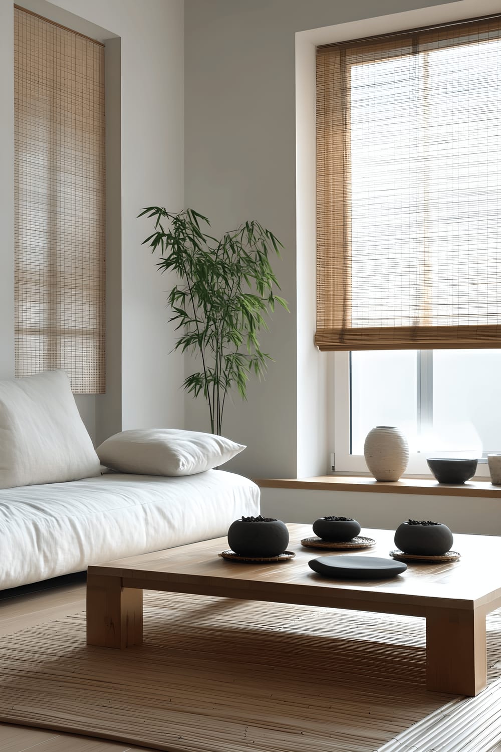 A small, tranquil living room with minimalist Zen-inspired decoration. The room features white walls and light wooden floors. A sleek white couch is situated in the foreground with a bamboo coffee table in front and a stone lamp on the side. The room is well-lit due to a large window with bamboo blinds. A bonsai tree adds a peaceful touch to the room decor.