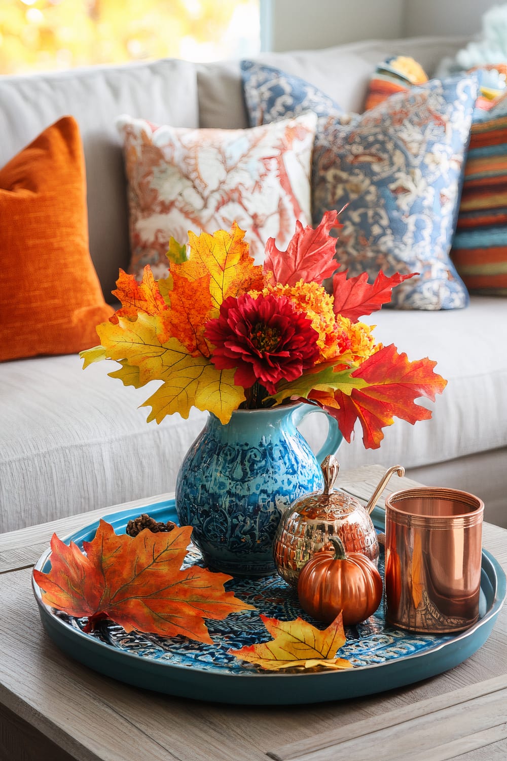 An eclectic Thanksgiving coffee table arrangement featuring a colorful Moroccan tray with assorted autumn leaves, a small antique clock, a vibrant blue ceramic vase with bright fall flowers, and a few copper candle holders. The table is surrounded by cushions in various textures and patterns, including velvet, woven, and embroidered, situated on a contemporary neutral-toned sofa.