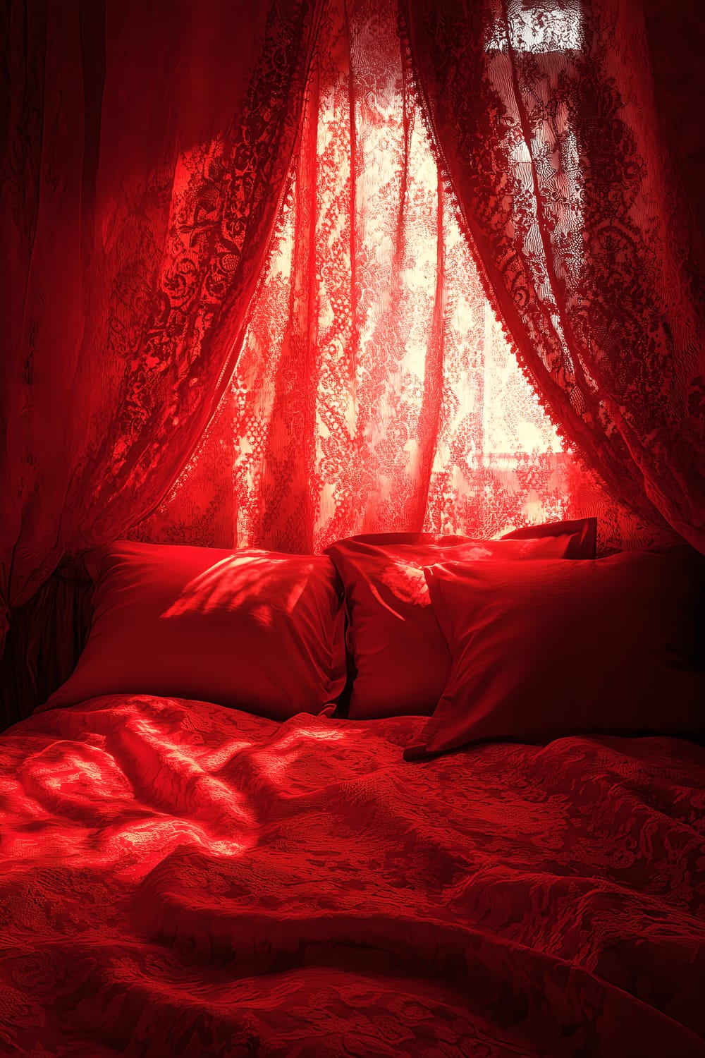 A sensual bedroom setting featuring red lace curtains subtly rustling from a breeze. Rich red tones pervade the room, amplified by the soft light filtering through the lace curtains that cast intricate shadows on the bed. The textures of the room's furnishings are highlighted, creating an atmosphere of mystery and allure.