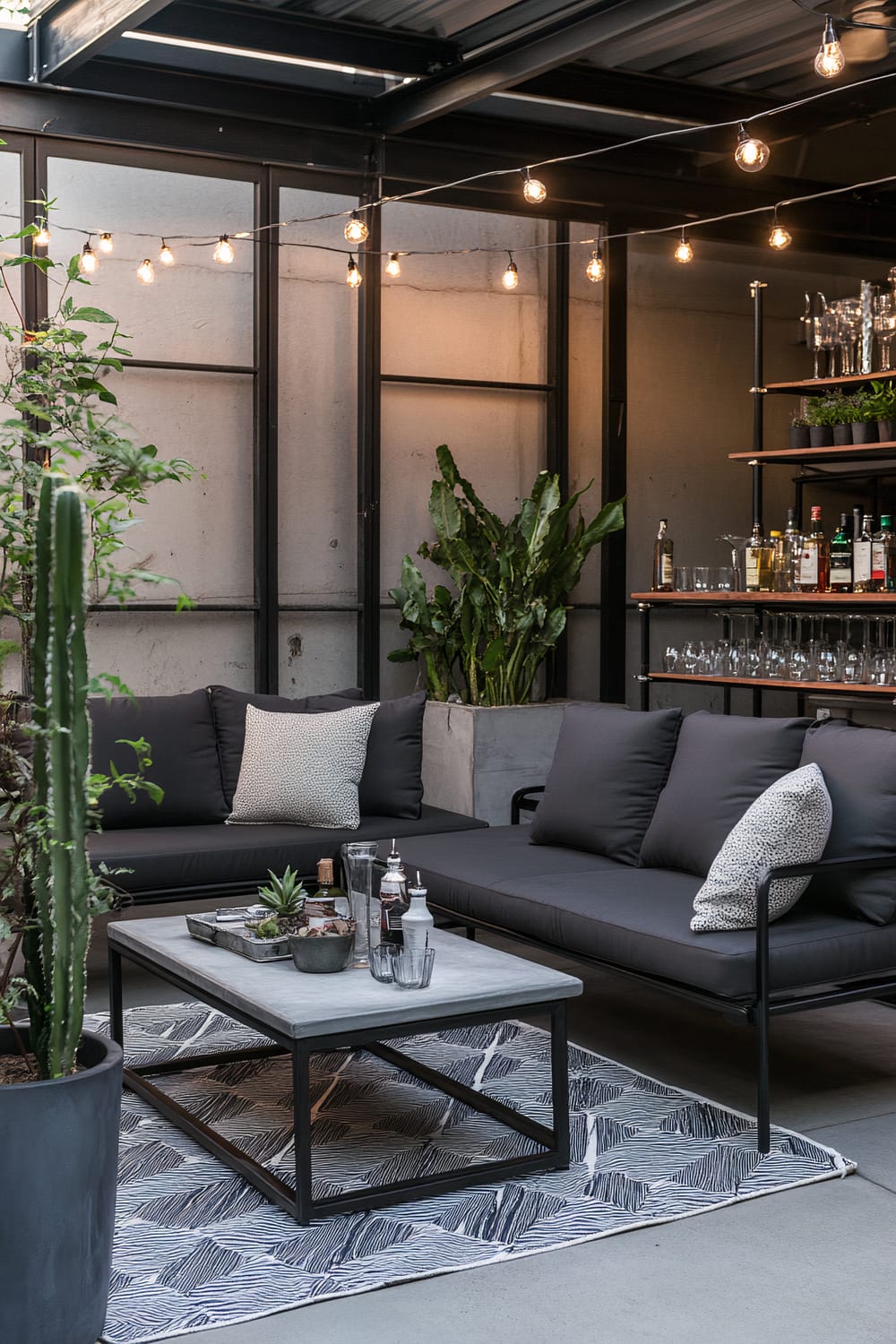 An outdoor seating area under a metal roof features dark grey sofas with matching cushions and a rectangular coffee table with a sleek design. A patterned rug with black-and-white lines is on the floor beneath the table. Potted plants, including a cactus, add a touch of greenery. A string of hanging lights creates a warm, inviting atmosphere. Shelves with bottles and glassware are visible in the background.