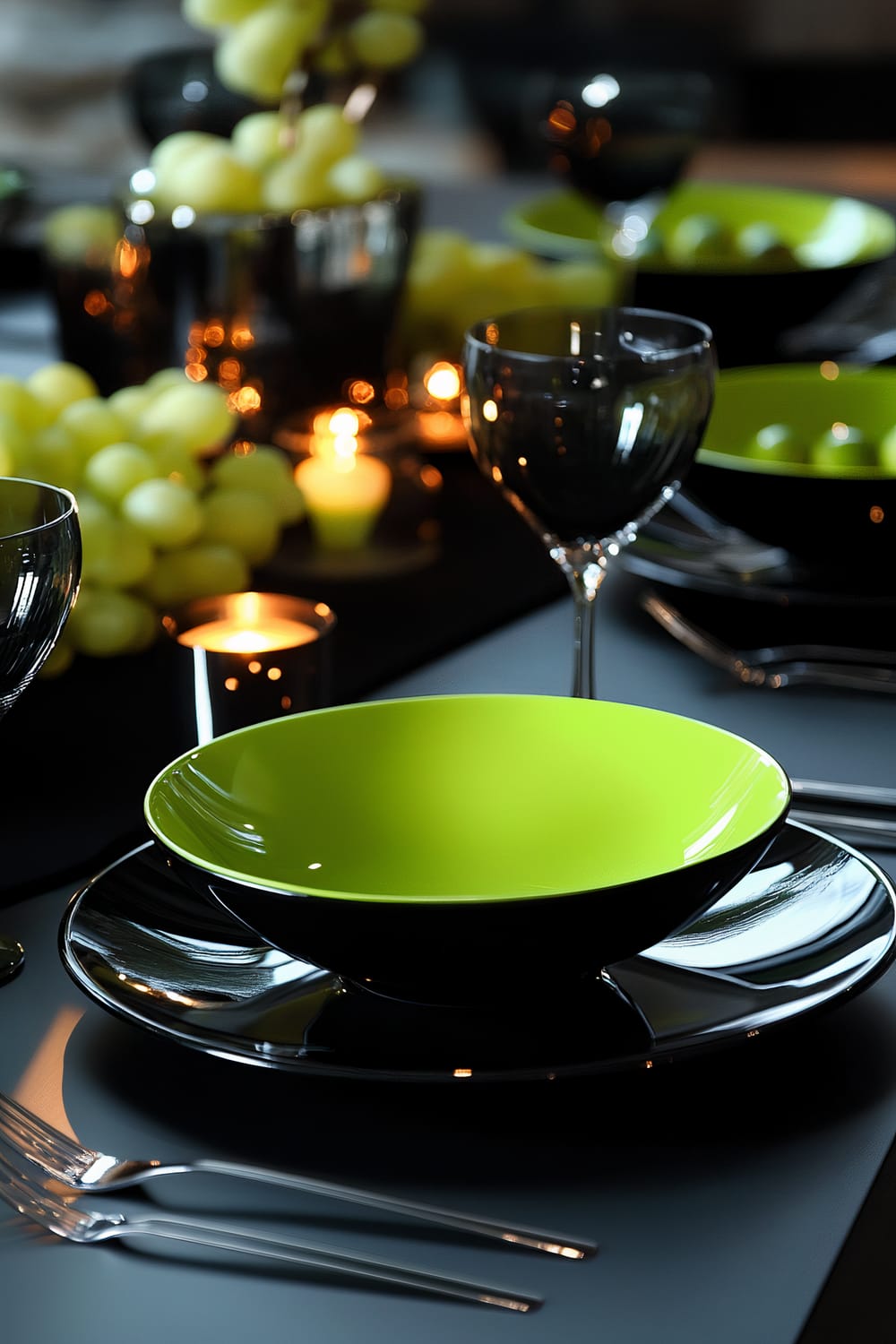 A modern table setting featuring black and lime green tableware, including bowls, plates, and wine glasses. The arrangement is complemented by metallic centerpieces filled with bunches of grapes, and small lit candles that create a warm, dramatic ambiance.