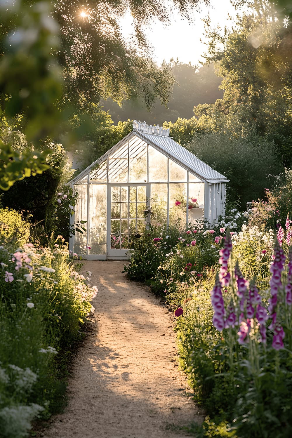 The image shows a scenic view of a meticulously kept garden, with a winding path fringed by vibrant foxgloves and roses in bloom. The path guides the viewer's gaze towards an inviting white greenhouse in the distance, its glass panes radiating the warm amber hue of the setting sun.