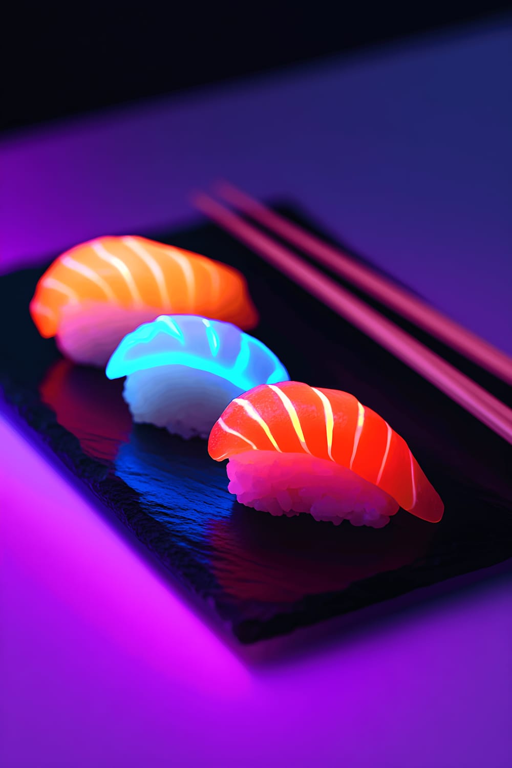 A set of three miniature sushi pieces (salmon nigiri, avocado roll, and tuna sashimi) glowing vivid neon blue and pink, arranged neatly on a sleek black slate coaster. The scene is minimalist with a deep purple backdrop under blacklight to enhance the glowing effect.