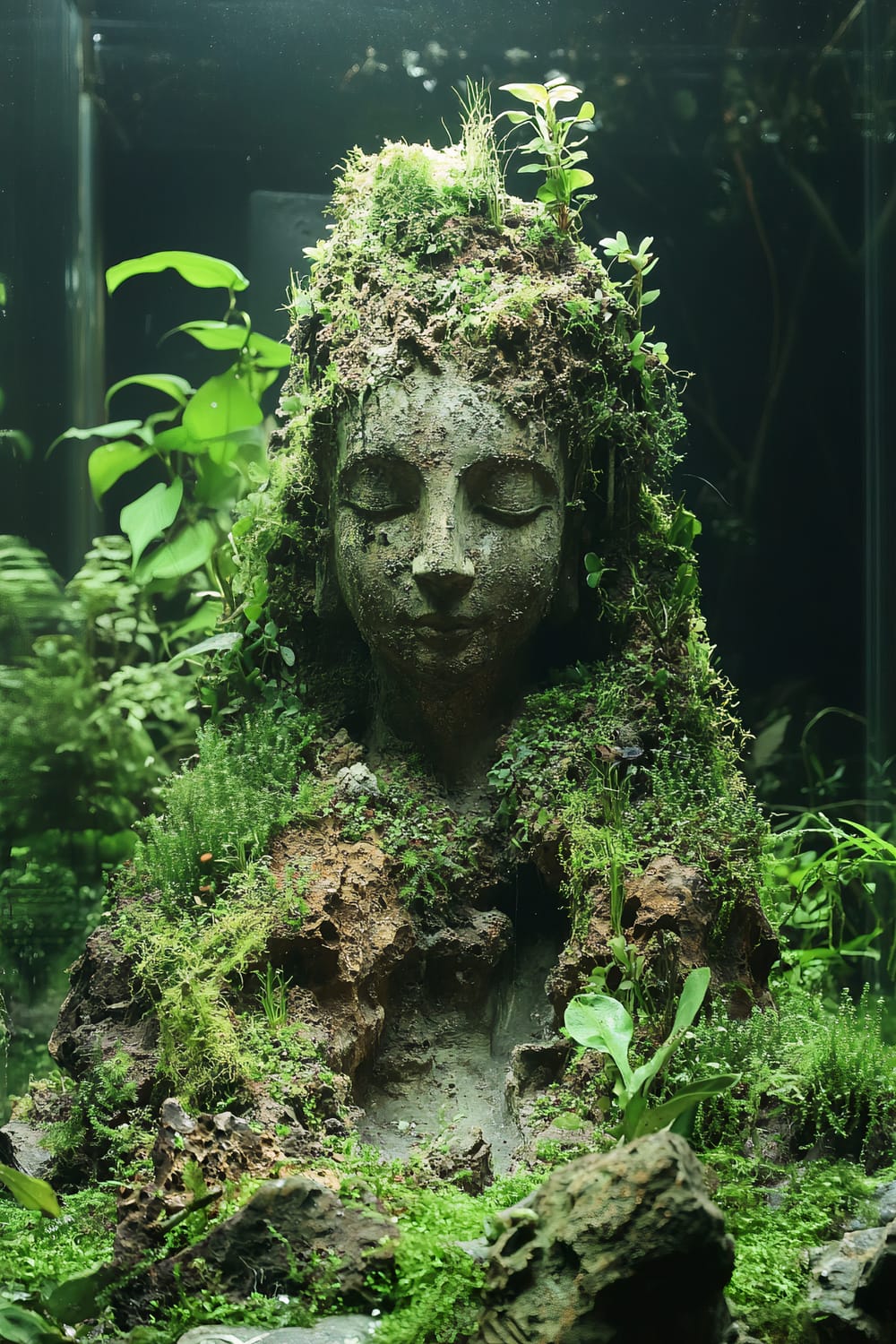 Stone statue covered in green moss and foliage, depicting a serene face with closed eyes, surrounded by various plant life. The background is dark, emphasizing the lush greenery and the natural integration of the sculpture with its environment.