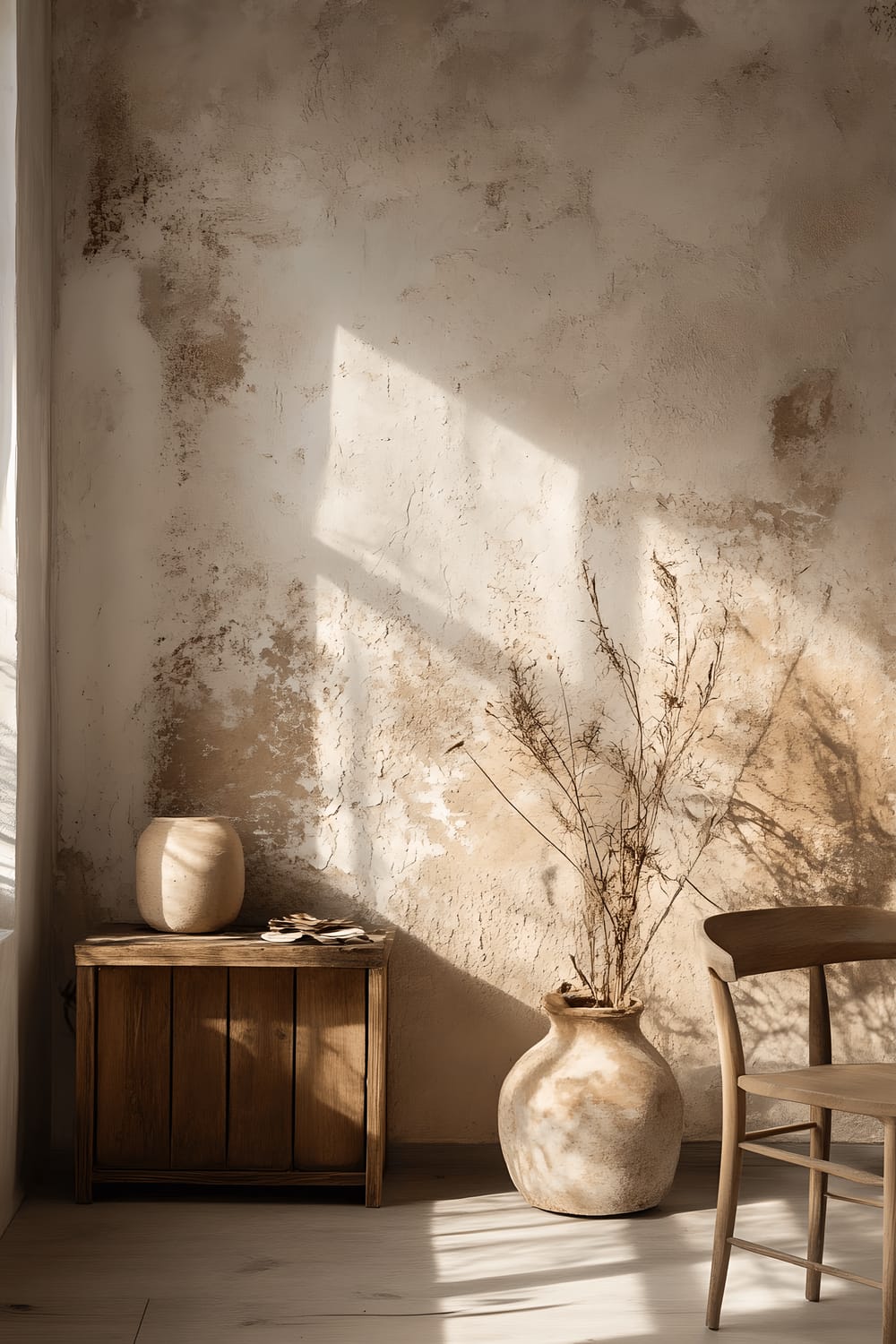 A beautifully designed room featuring a stunning DIY accent wall made with limewash paint, adorned with minimalist wooden furniture, soft organic textures in muted earthy tones. The room is bathed in natural, warm sunlight filtering in from an off-scene window.