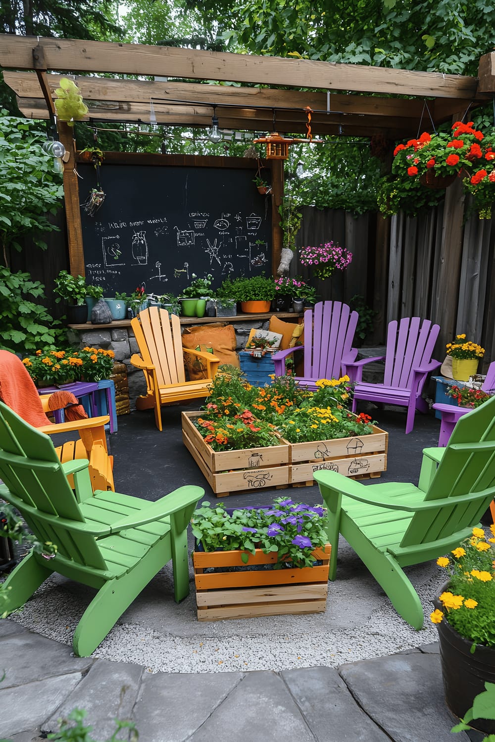 A cheery outdoor patio featuring a variety of vibrant Adirondack chairs arranged in a circle. In the center of the chair formation is a DIY herb garden housed in rustic wooden crates. The perimeter of the patio is decorated with pots of marigolds and basil. A large chalkboard wall stands at the far end of the space, and large, comfortable floor cushions are scattered about for additional seating.