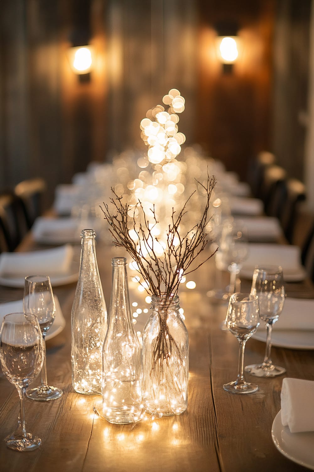 A long dining table is decorated with sparkling string lights inside glass bottles and jars. Wine glasses are neatly set beside white plates with folded napkins. The table extends out of focus, and warm sconce lights on the walls add a cozy glow to the background.