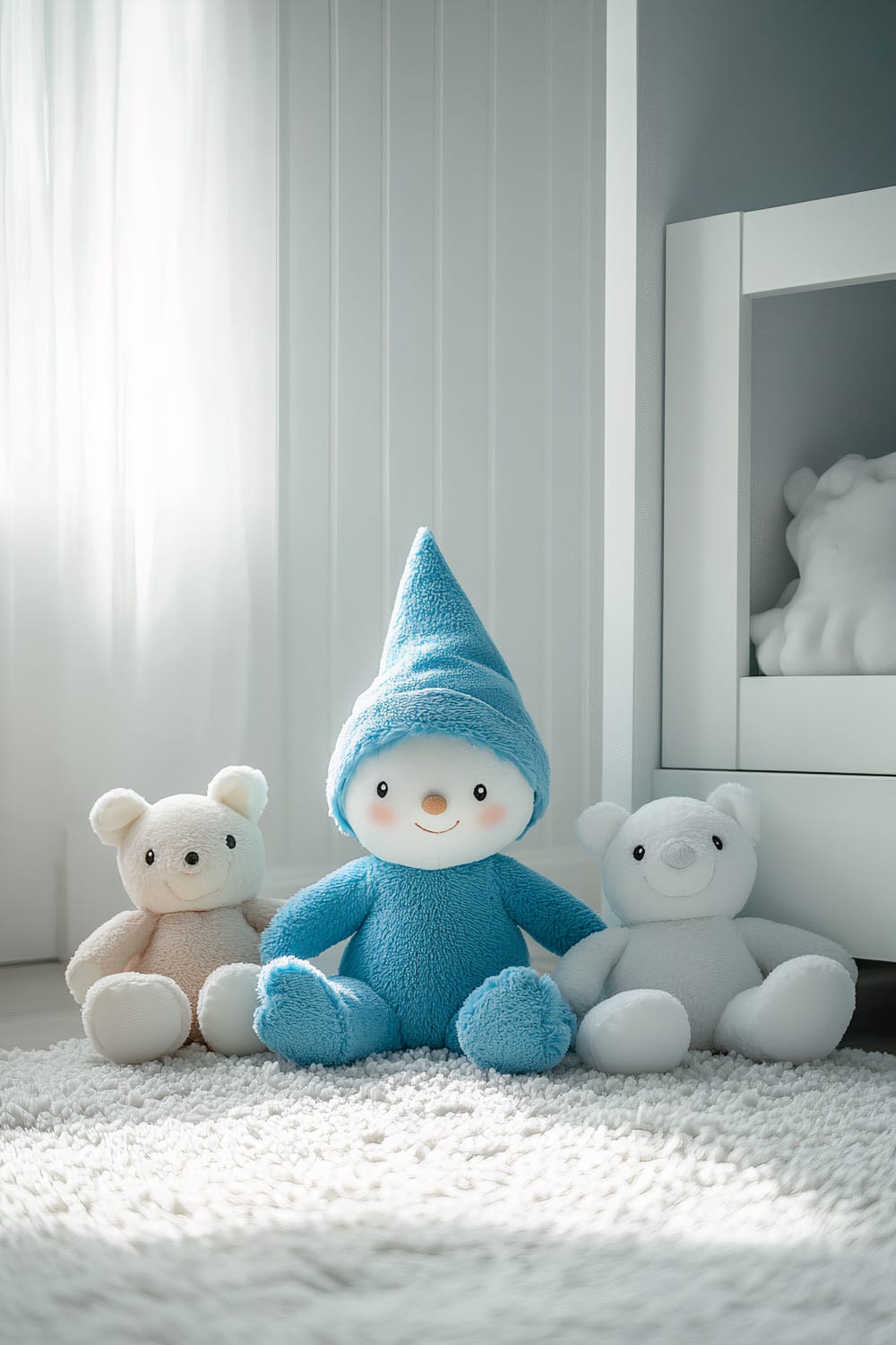 A bright blue elf doll with a conical hat sits on a white rug between two pastel-colored soft toys, one cream-colored bear and one white bear, in a minimalist white and blue children's room with an overhead spotlight.