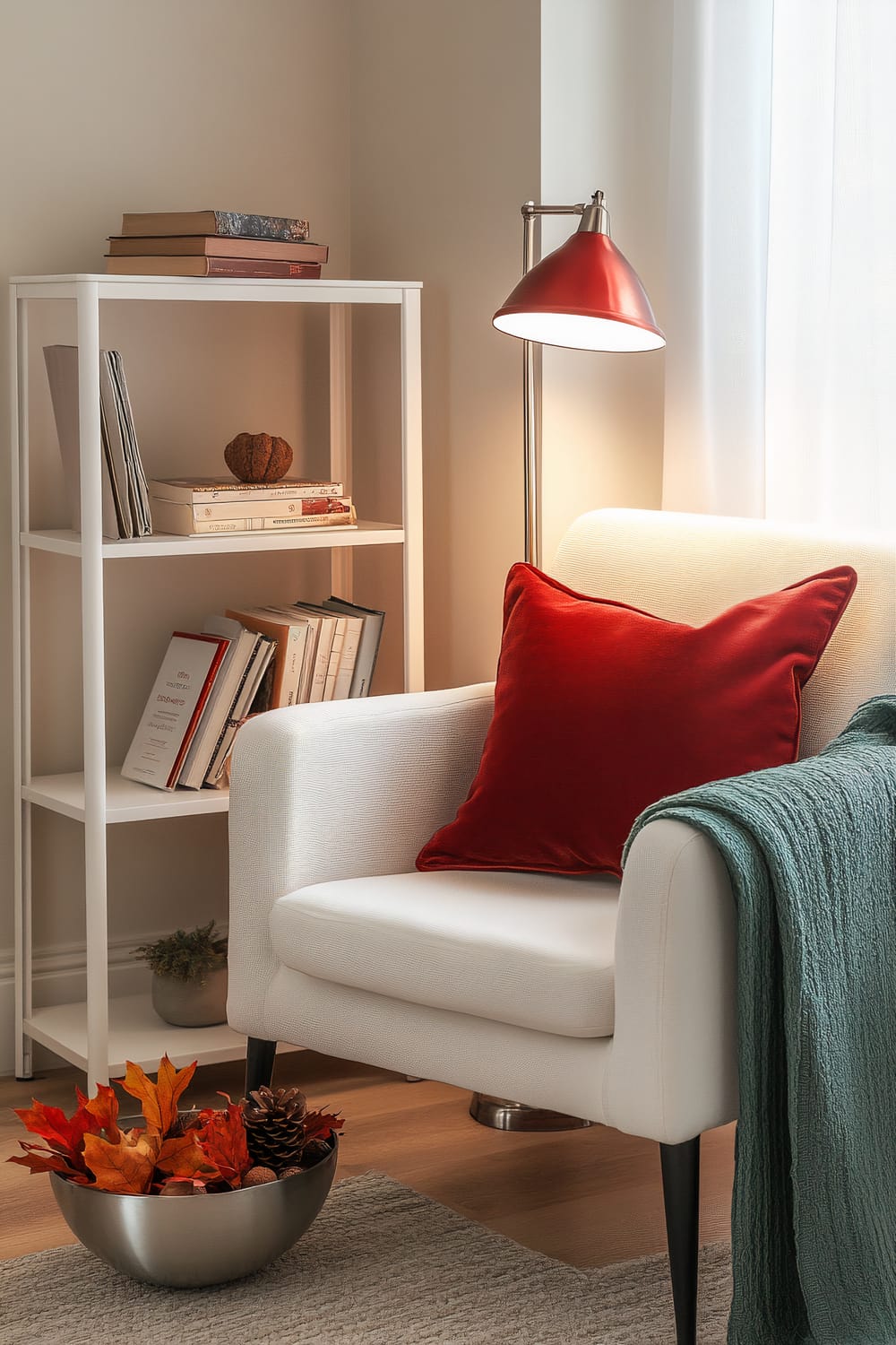 A Friendsgiving-themed reading nook featuring a sleek white bookshelf with autumn-themed books, a deep red reading lamp casting a warm light, a white chair with a vibrant red pillow and a copper green throw blanket, and a metallic silver bowl filled with dried leaves, acorns, and pinecones on the floor beside the chair. Natural light illuminates the area, highlighting the autumn decor against a clean white wall.