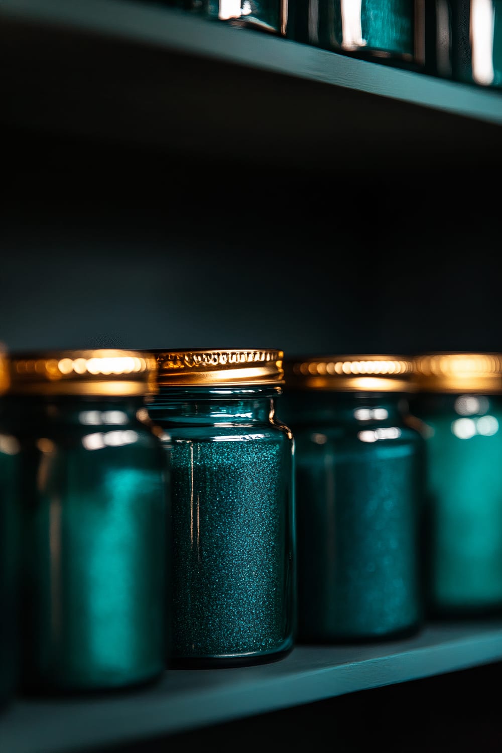 A close-up of bright teal spice jars with metallic gold lids neatly arranged on a dark kitchen shelf. The jars are well-lit from the front, creating sharp highlights and deep shadows, and emphasizing their bold teal color and reflective metallic lids.