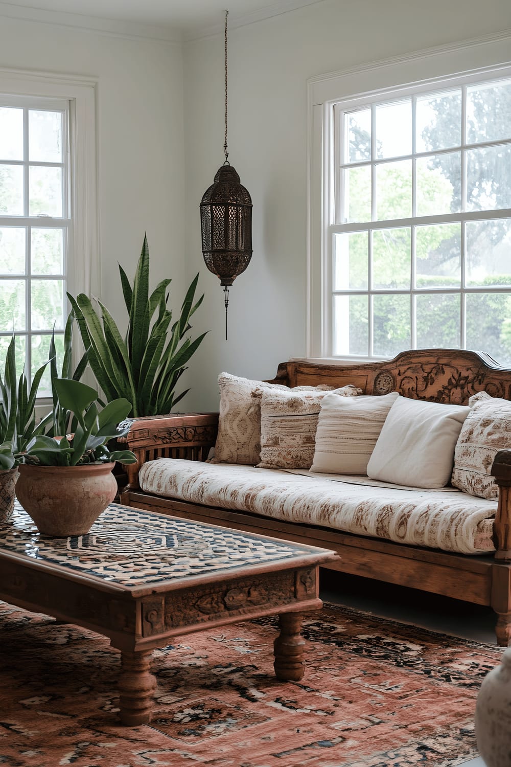 A farmhouse-inspired living room lit by a bay window featuring a wooden sofa with detailed carvings, a coffee table with a mosaic top, and earth-toned handwoven rugs. Greenery from potted snake plants and hanging string succulents accentuate the room. Lantern-style lamps further illuminate the space.