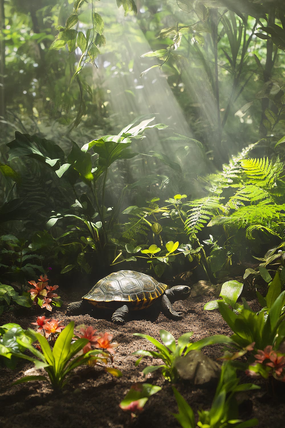 A turtle is walking on the forest floor, surrounded by lush greenery, ferns, and vibrant flowers. Sunlight filters through the dense foliage above, casting rays of light onto the scene, creating a serene and verdant jungle atmosphere.