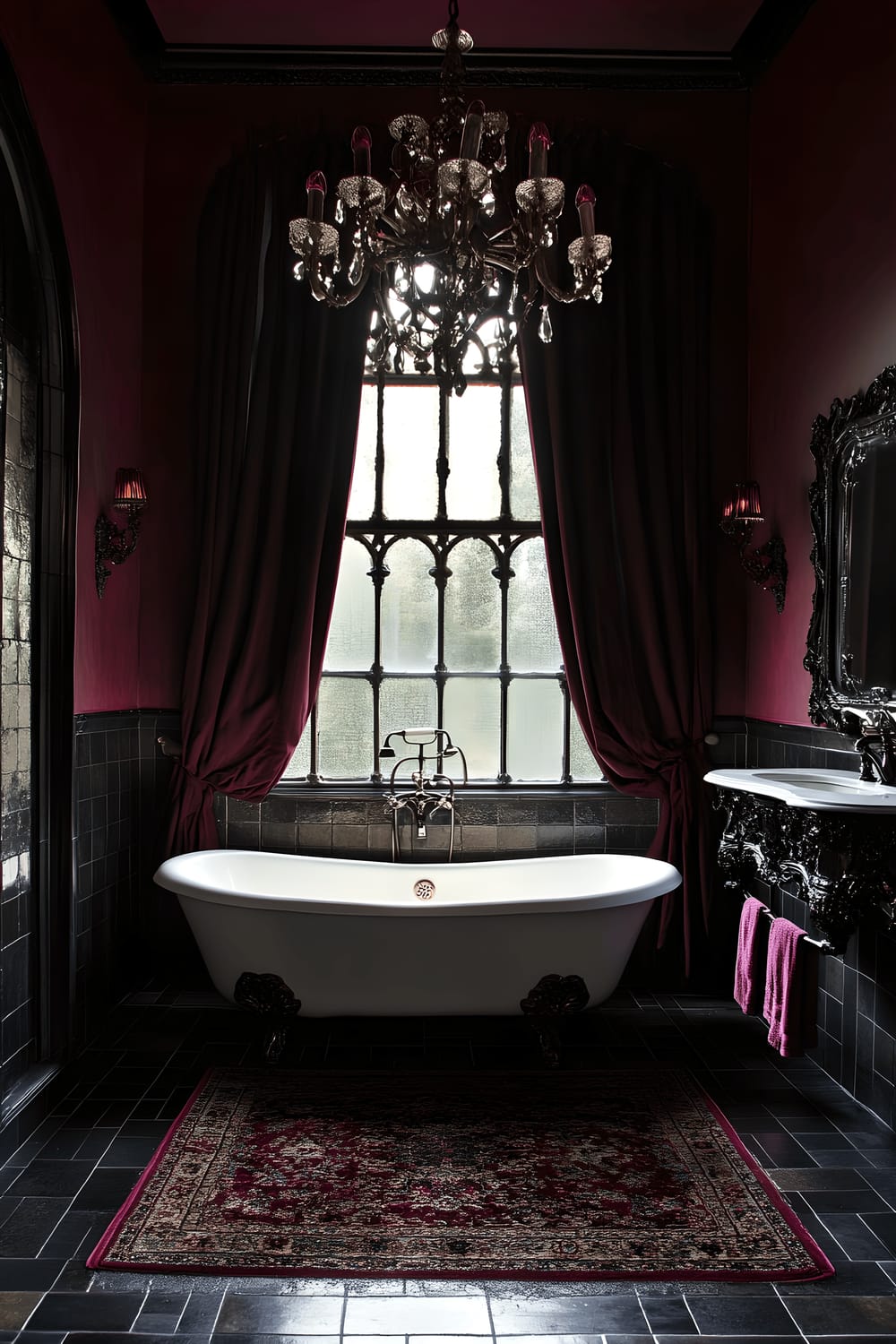 A dramatic, Gothic-style bathroom featuring a dark slate tile floor. In the center of the room, a vintage clawfoot tub glistening under the dim light from a grand chandelier. Surrounding the tub are ornate black iron fixtures adding to the antique feel of the space. One wall is dominated by a large arched window dressed in heavy drapes, allowing diffused light to enter the room, while the other walls are adorned with antique mirrors in intricate frames. The room is painted in deep burgundy and charcoal tones, enhancing the sense of luxury and mystery.