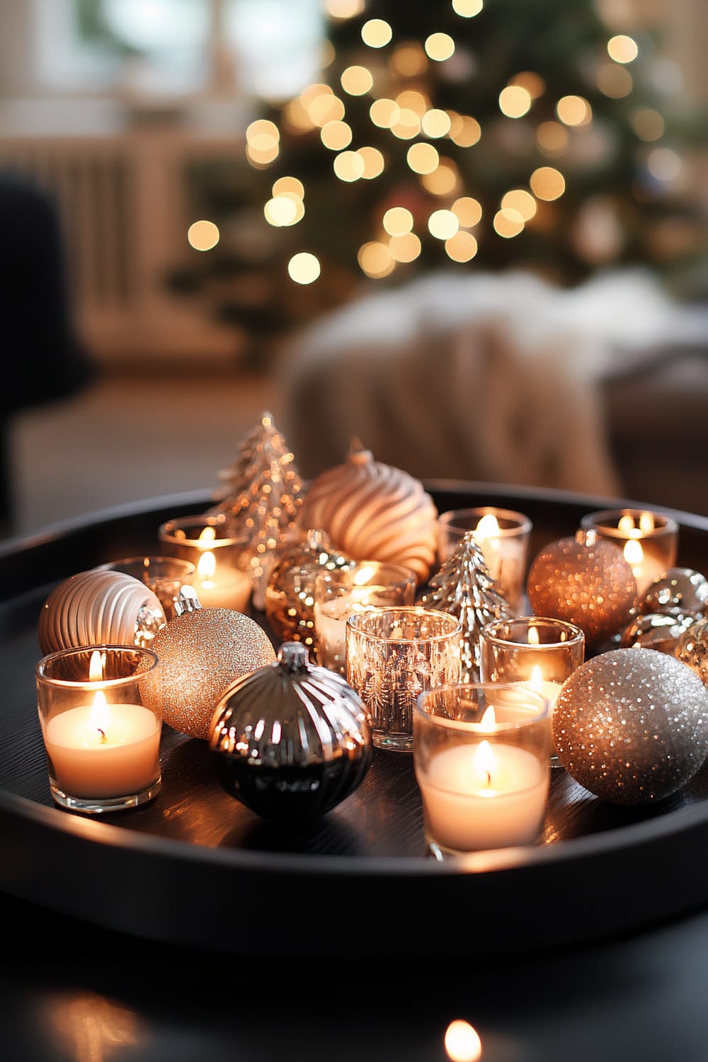 A close-up of a decorative arrangement on a black circular tray, featuring lit candles in glass holders and festive ornaments including silver and gold baubles and small metallic Christmas trees. In the background, out-of-focus lights from a Christmas tree create a warm, sparkling bokeh effect.