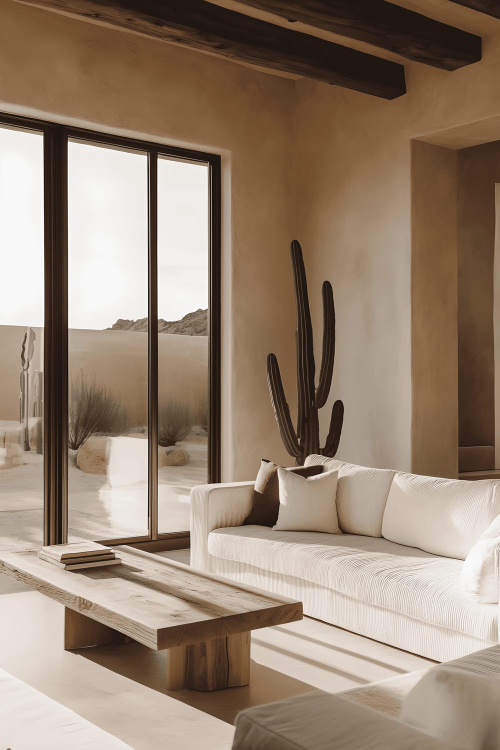 A minimalistic living room in a desert home bathed in warm natural light, with a simple white sofa, a rustic wooden coffee table, and a unique Desert Rose plant adding a splash of color. The large windows offer an unobstructed view of the outdoor cactus garden.