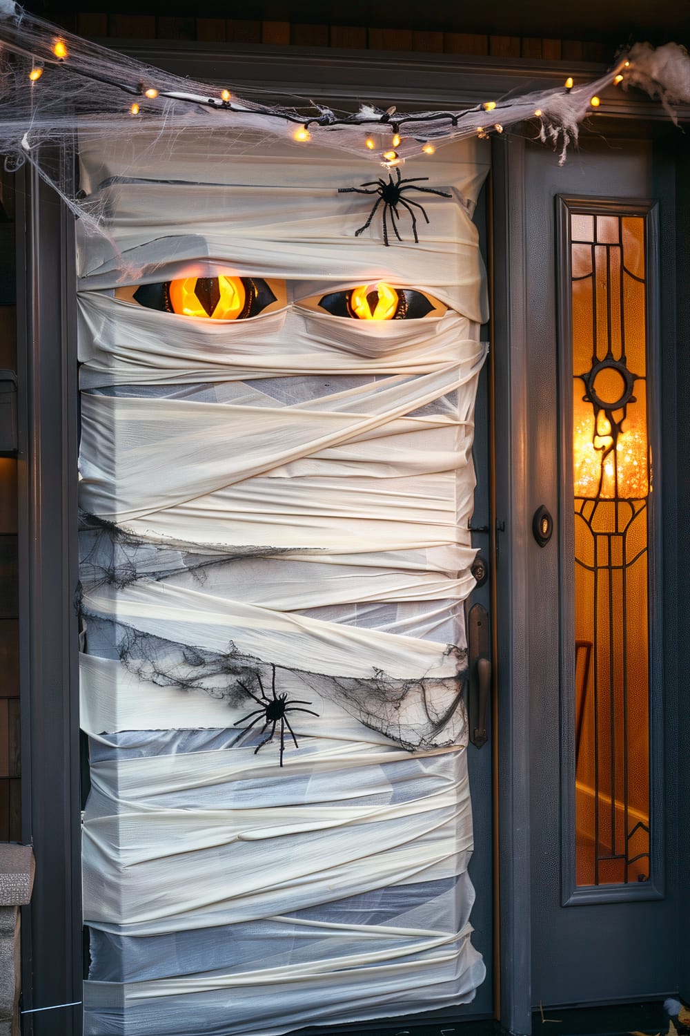 A front door decorated for Halloween with white cloth strips wrapped around it to resemble a mummy. Two large, glowing yellow eyes peer through the cloth, and several black spiders and webbing are attached to the cloth and above the door. To the right of the door is a glass panel displaying a warm light from the interior of the house.