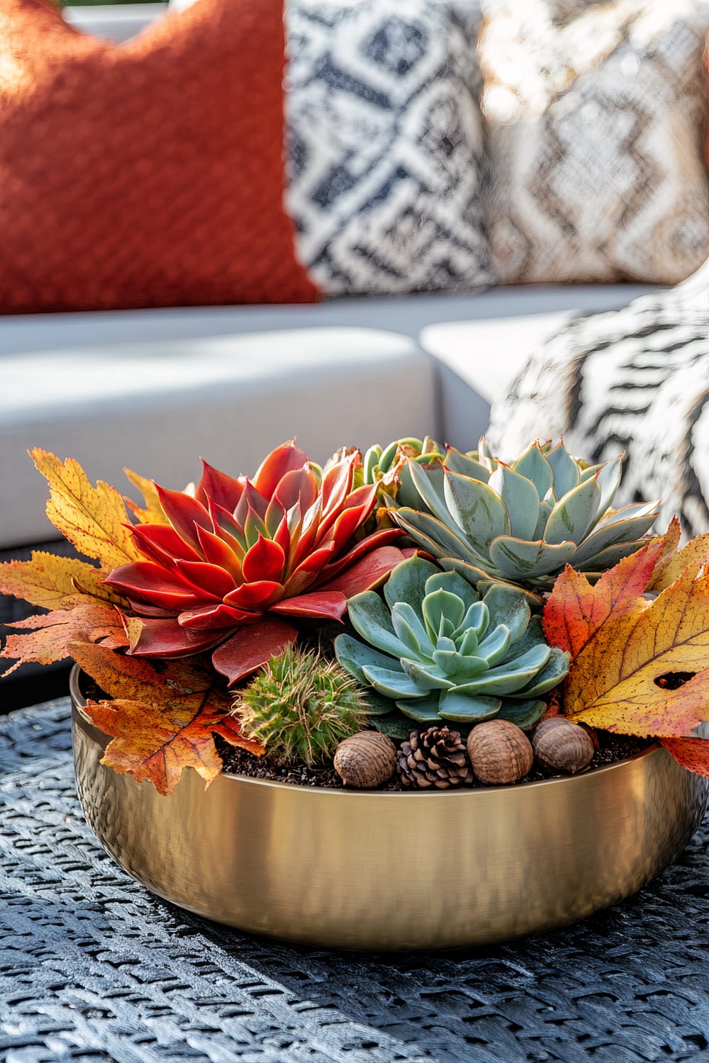 A decorative arrangement of succulents and autumn leaves in a gold-toned bowl placed on a textured surface. The succulents vary in shades of red and green, complemented by yellow and orange fall leaves, acorns, and small pine cones. In the background, there is a light grey couch adorned with patterned and solid-colored cushions in shades of orange, black, and white.