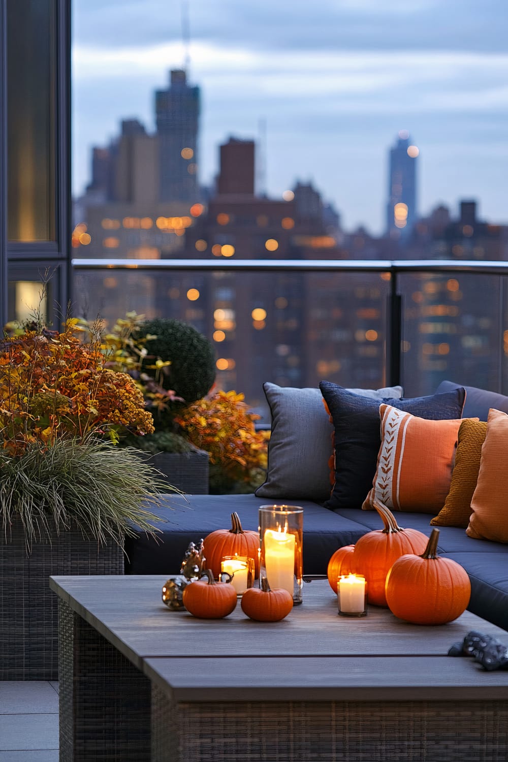 An urban balcony at twilight with a seating area adorned for fall. The foreground includes a table with pumpkins of various sizes and lit candles. The seating area has pillows in autumnal shades of orange, grey, and mustard. Lush planters with seasonal foliage frame the scene, and the city skyline with softly glowing lights is visible in the background.