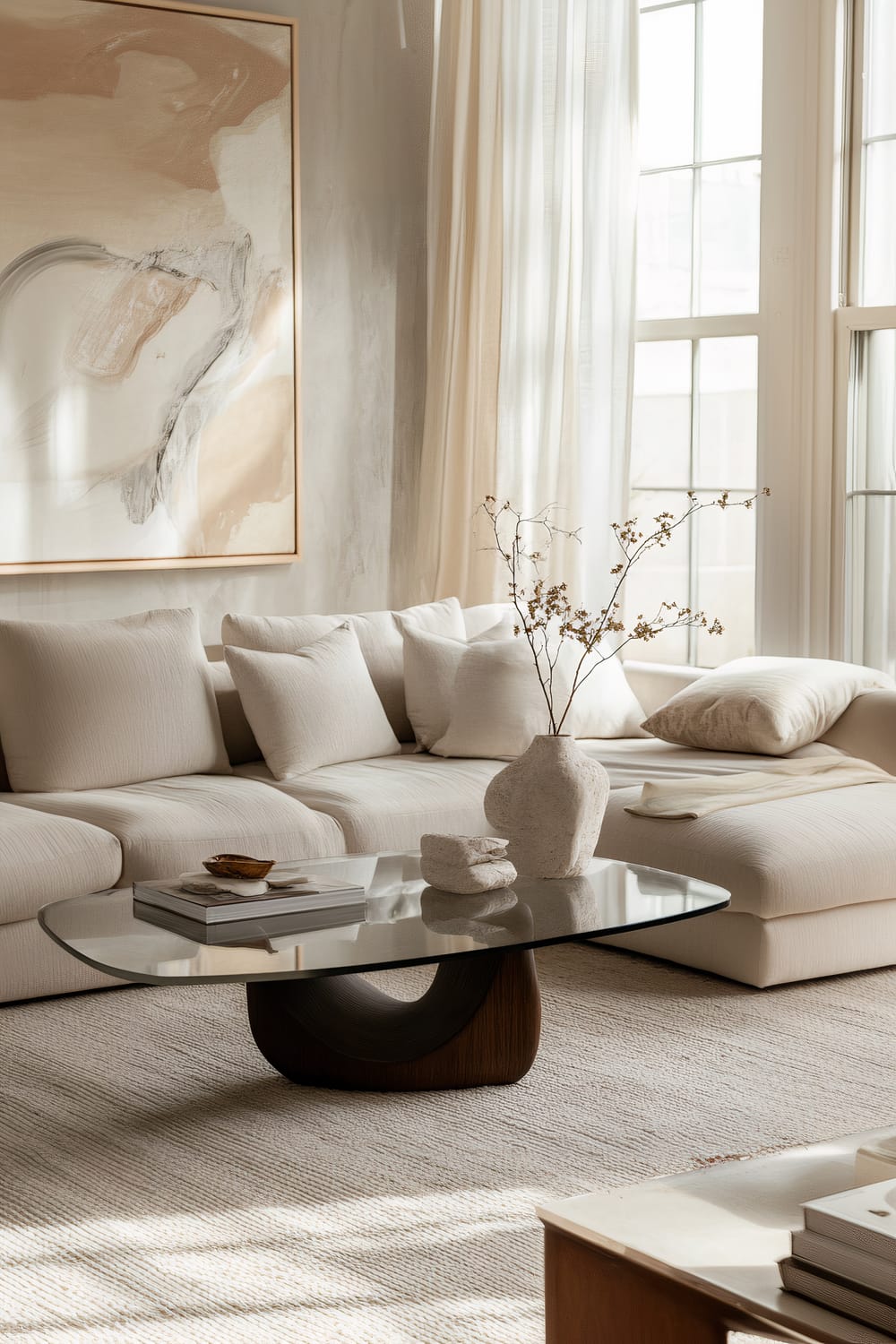 A serene and refined living room featuring a minimalist aesthetic with neutral tones. The room includes a sectional sofa in beige, a large glass coffee table with sculptural decor, abstract artwork on the wall, and large windows allowing natural light to illuminate linen drapes and woven rugs.