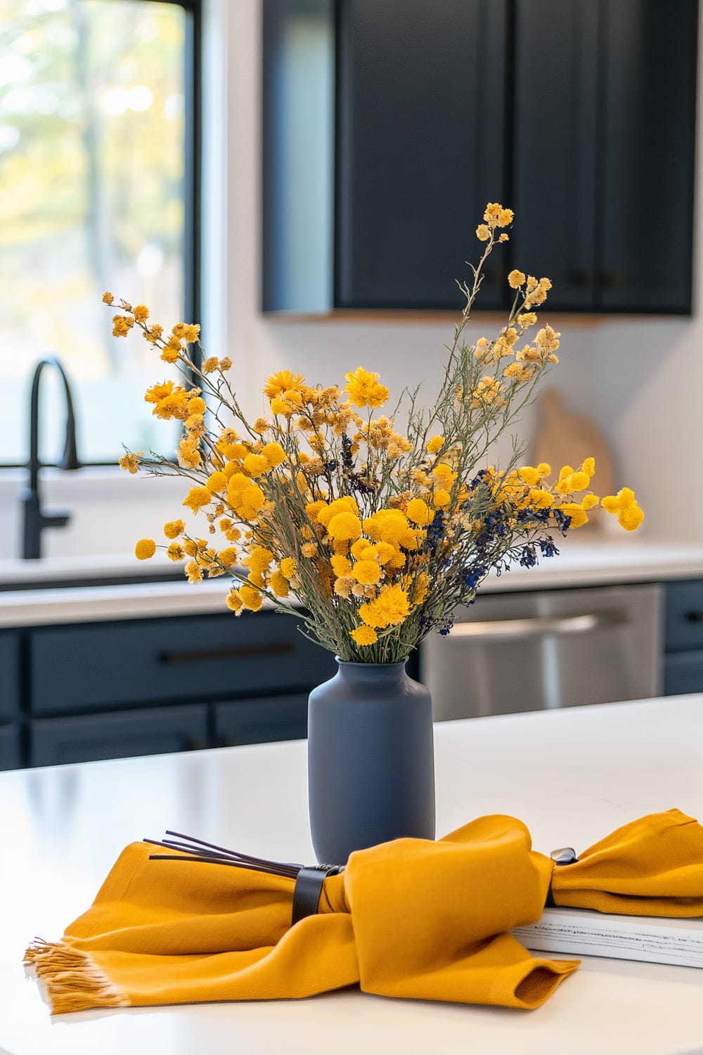 A kitchen setup with goldenrod linen and a minimalist flower centerpiece. The centerpiece features goldenrod and indigo flowers in a modern vase on a white countertop. The kitchen has stainless steel appliances, dark cabinetry, and ample natural light from the window.