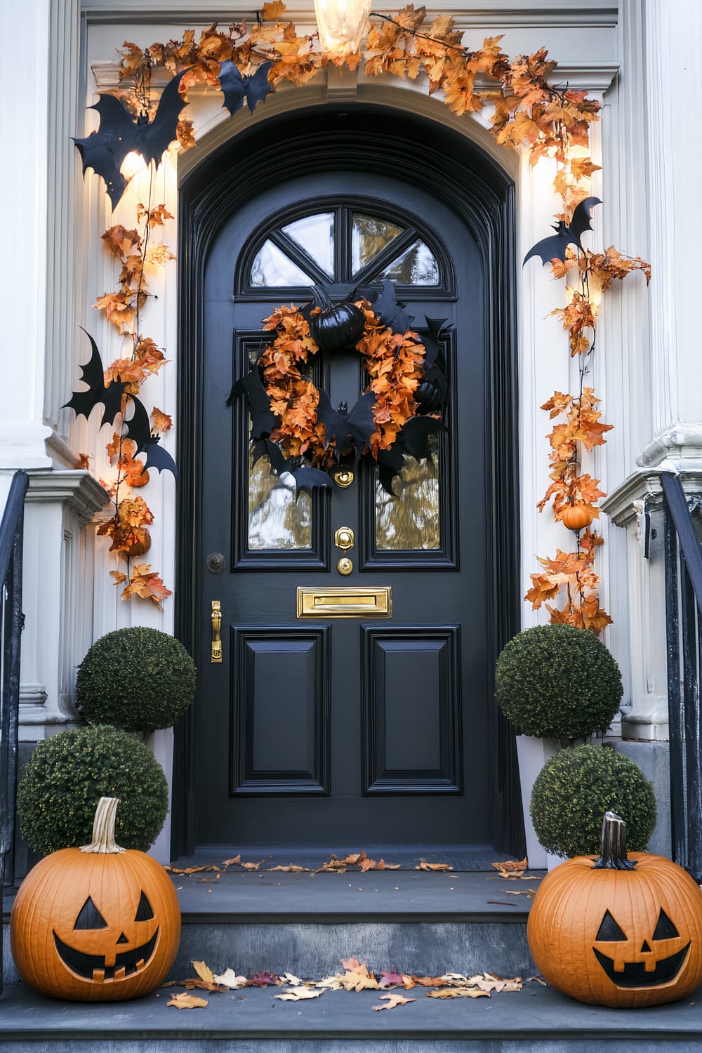 A dark front door adorned with Halloween decorations. The doorway is framed with autumnal leaf garlands and black bat cutouts. A wreath made of orange leaves, black pumpkins, and bats hangs on the door. Two jack-o'-lanterns sit on either side of the door, with neatly trimmed topiary bushes beside them. Fallen leaves are scattered on the steps leading up to the door.