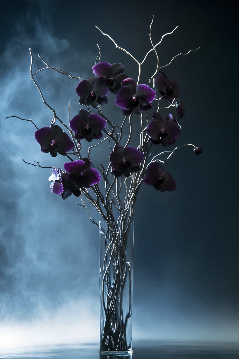 A high-end floral arrangement featuring dark purple and black orchids intertwined with silver branches, placed in a sleek glass vase. The arrangement is illuminated by a dramatic spotlight, with a subtle mist surrounding it, creating a posh and eerie Halloween ambiance.