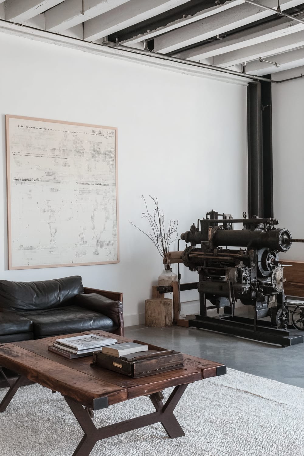 A modern loft space featuring industrial elements. A dark brown leather sofa sits against a white wall with a large framed technical drawing. There is a rustic wooden coffee table with books and a vintage metal tool box atop a beige rug. A substantial piece of industrial machinery stands near the wall, adding a distinct mechanical aesthetic to the room. Exposed ceiling beams and visible piping emphasize the loft's industrial vibe.