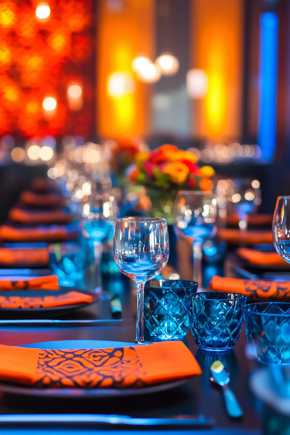 A vibrant Thanksgiving table setup with bold orange and electric blue accents. The table features modern glassware, patterned napkins, and a colorful floral centerpiece. The background is illuminated with intense orange and blue lighting, creating a lively atmosphere.