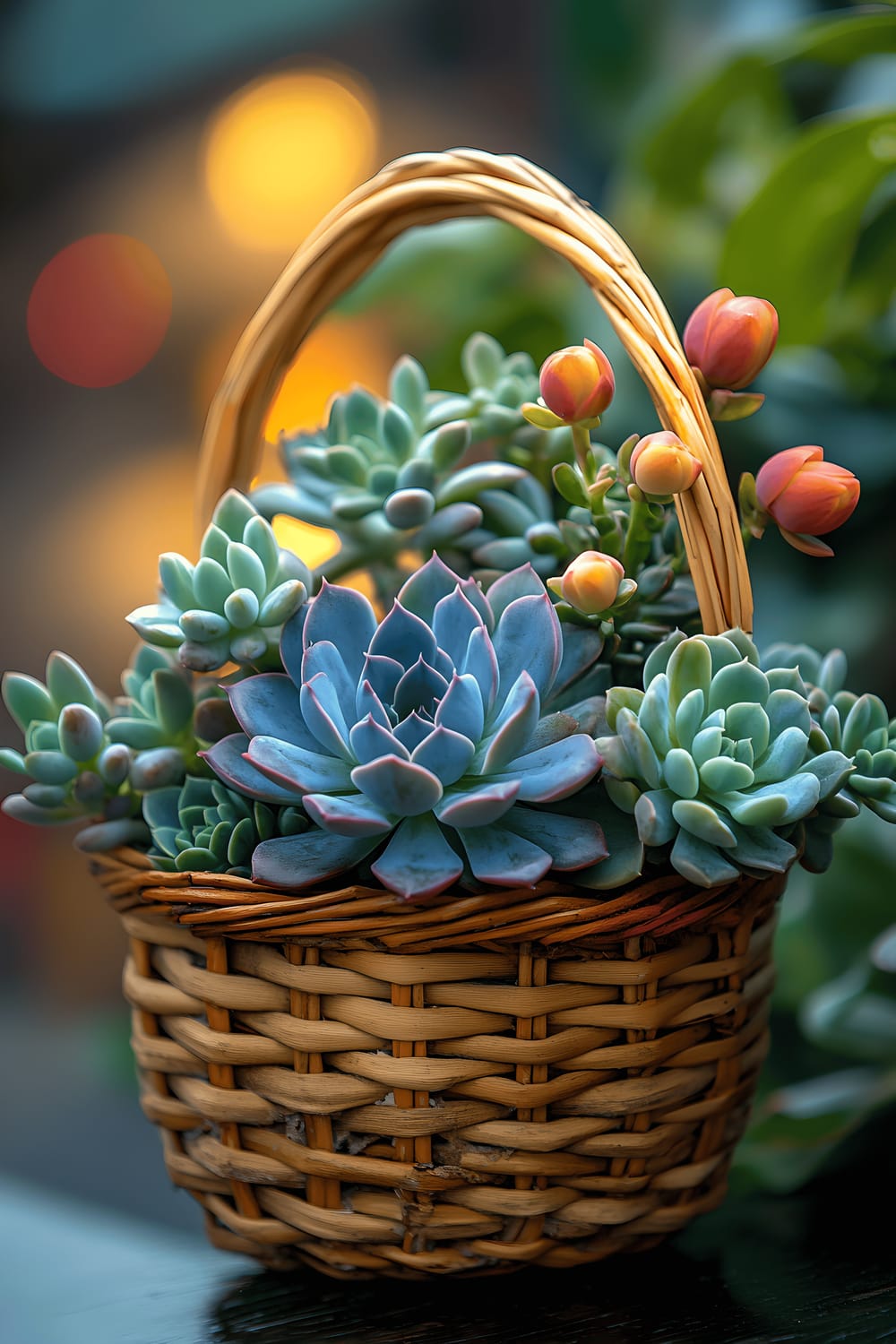 A close-up image of a basket arrangement filled with various succulent plants in different shades of green, with a blurred white background.