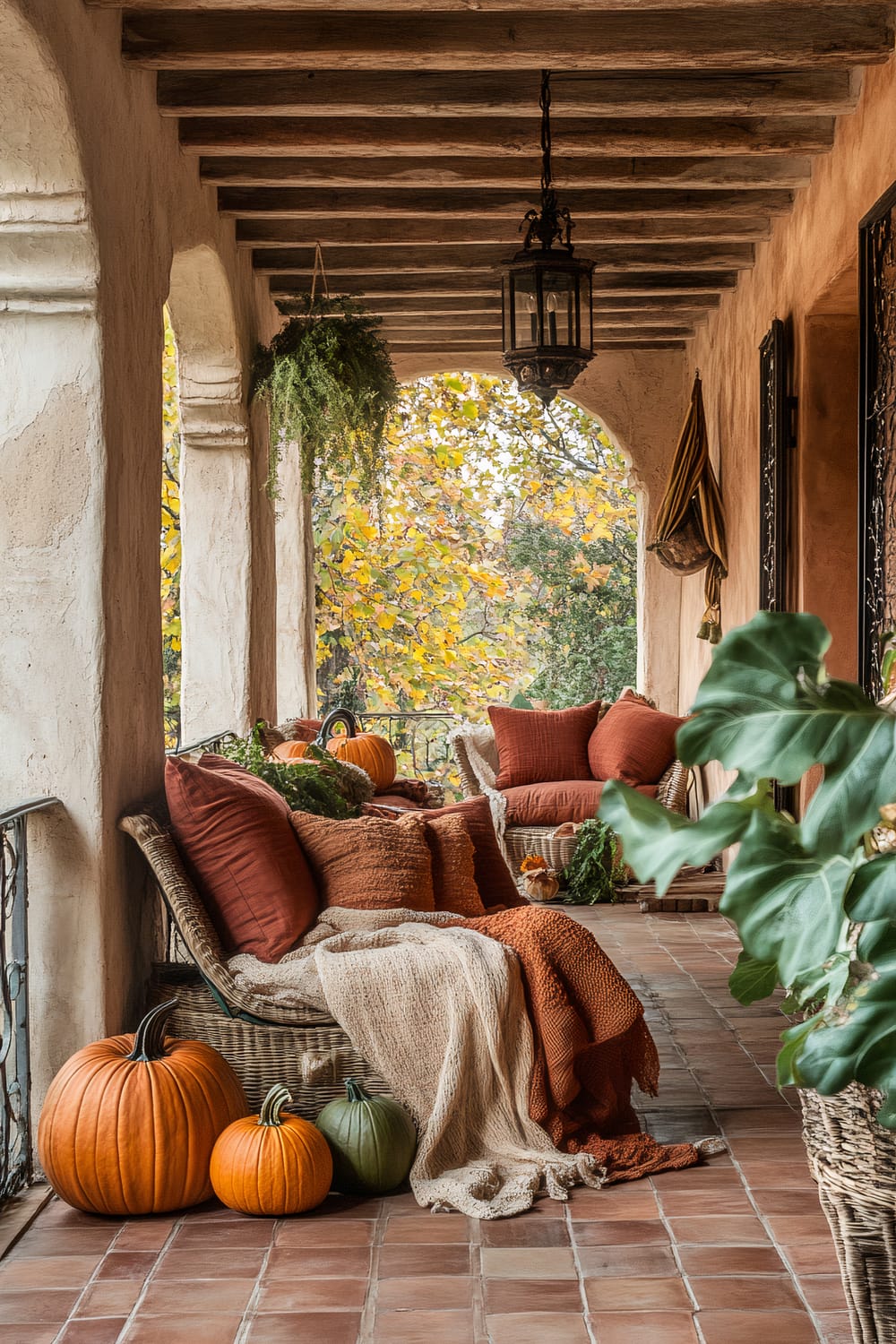 An outdoor patio decorated for autumn with wicker furniture, rust-colored cushions, earthy-toned throws, and an array of pumpkins. The ceiling has exposed wooden beams, and a hanging lantern light contributes to the rustic atmosphere. There are hanging plants and potted greenery that add a touch of natural elegance. The trees in the background display vibrant fall foliage.