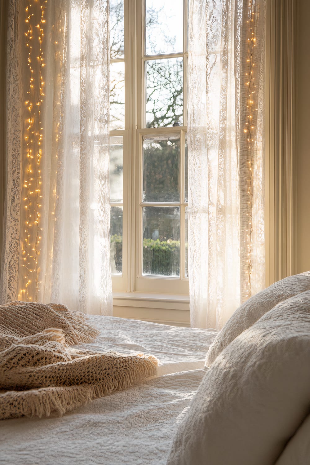 A bedroom with large windows framed by white lace curtains adorned with LED fairy lights. A bed covered in white linens and a beige knitted blanket is in the foreground, as soft natural light filters through the window lace creating a gentle, magical ambiance.