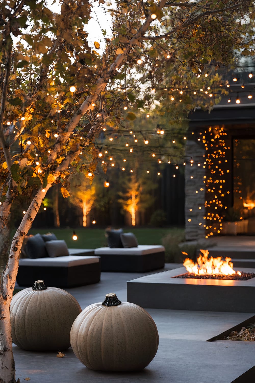 A beautifully designed outdoor patio area adorned with string lights and cozy seating. Two large decorative pumpkins sit on the ground, near a tree with autumn leaves. Lighted trees are visible in the background, and a fire pit adds warmth to the setting.