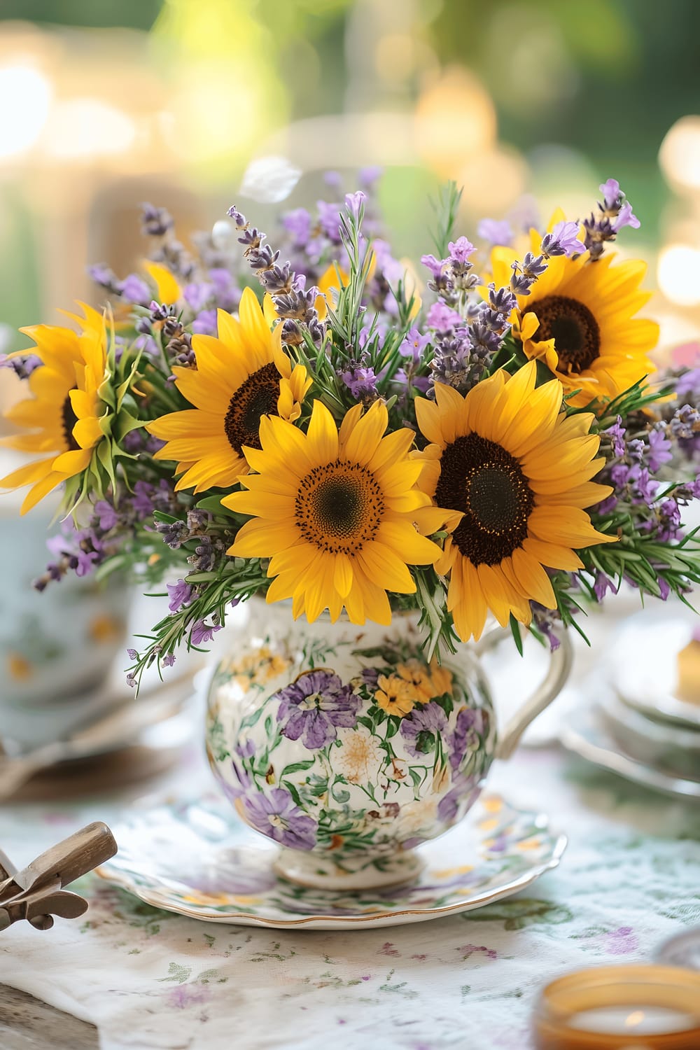 A lively and colorful French Provence centerpiece on a kitchen table. A delicate bouquet of lavender and vibrant sunflowers is artistically arranged in a rustic ceramic vase. Small sprigs of rosemary and thyme add greenery to the mix. Everything is placed on a pastel-colored ceramic plate that exhibits a delicate floral pattern. Small decorative elements like beeswax candles and vintage-inspired gardening tools provide added charm.