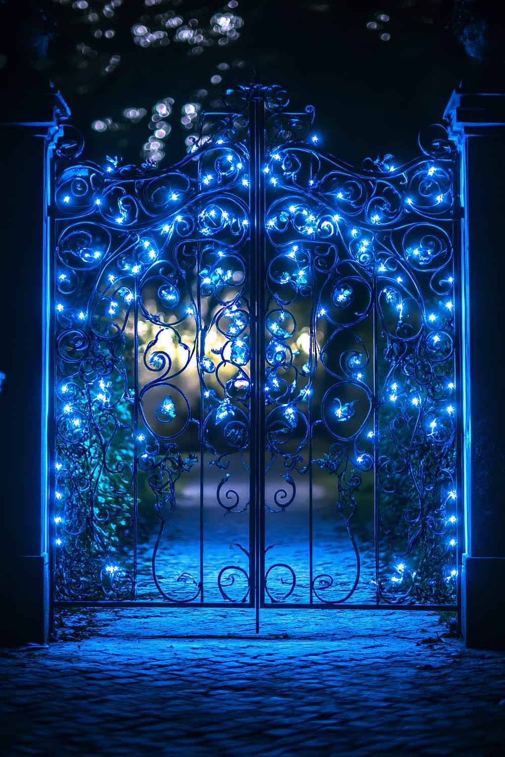 An ornate wrought iron gate, adorned with blue fairy lights, stands closed with a pathway visible beyond it. The gate features intricate swirling patterns and is illuminated by the soft glow of the lights, creating a magical ambiance against the darkness of the night.