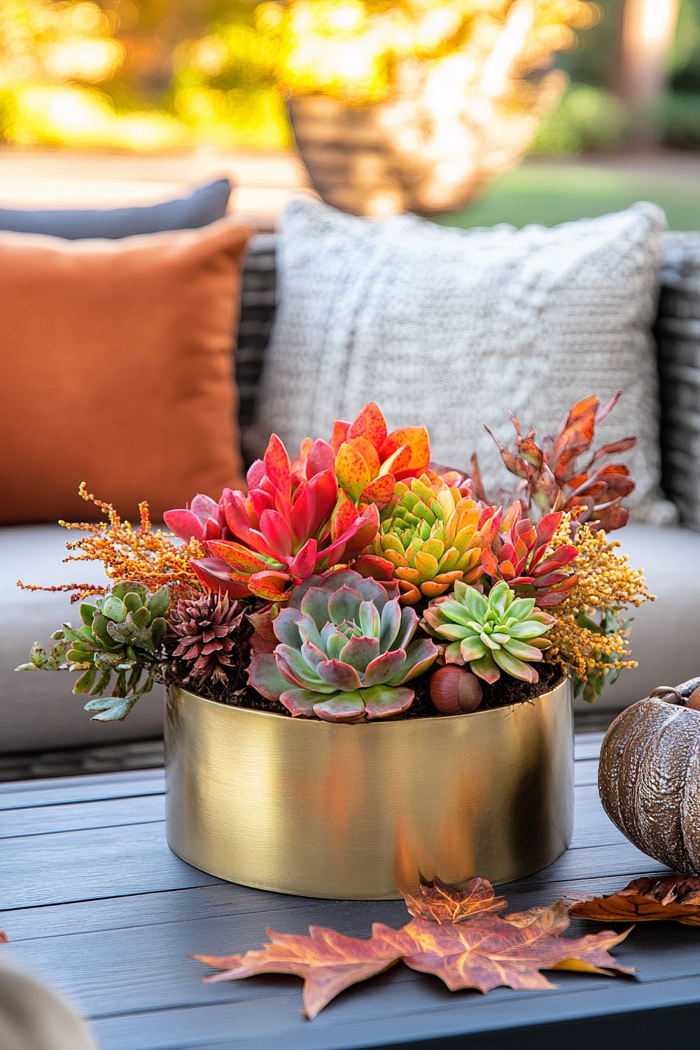 A close-up of a modern, outdoors autumn-themed display featuring a golden pot filled with vibrant succulents. The succulents showcase various colors, including shades of red, orange, green, and purple. Dried autumn leaves and a decorative pumpkin-like sculpture are on the wooden table nearby. In the background, outdoor furniture with textured cushions in gray and orange is visible.