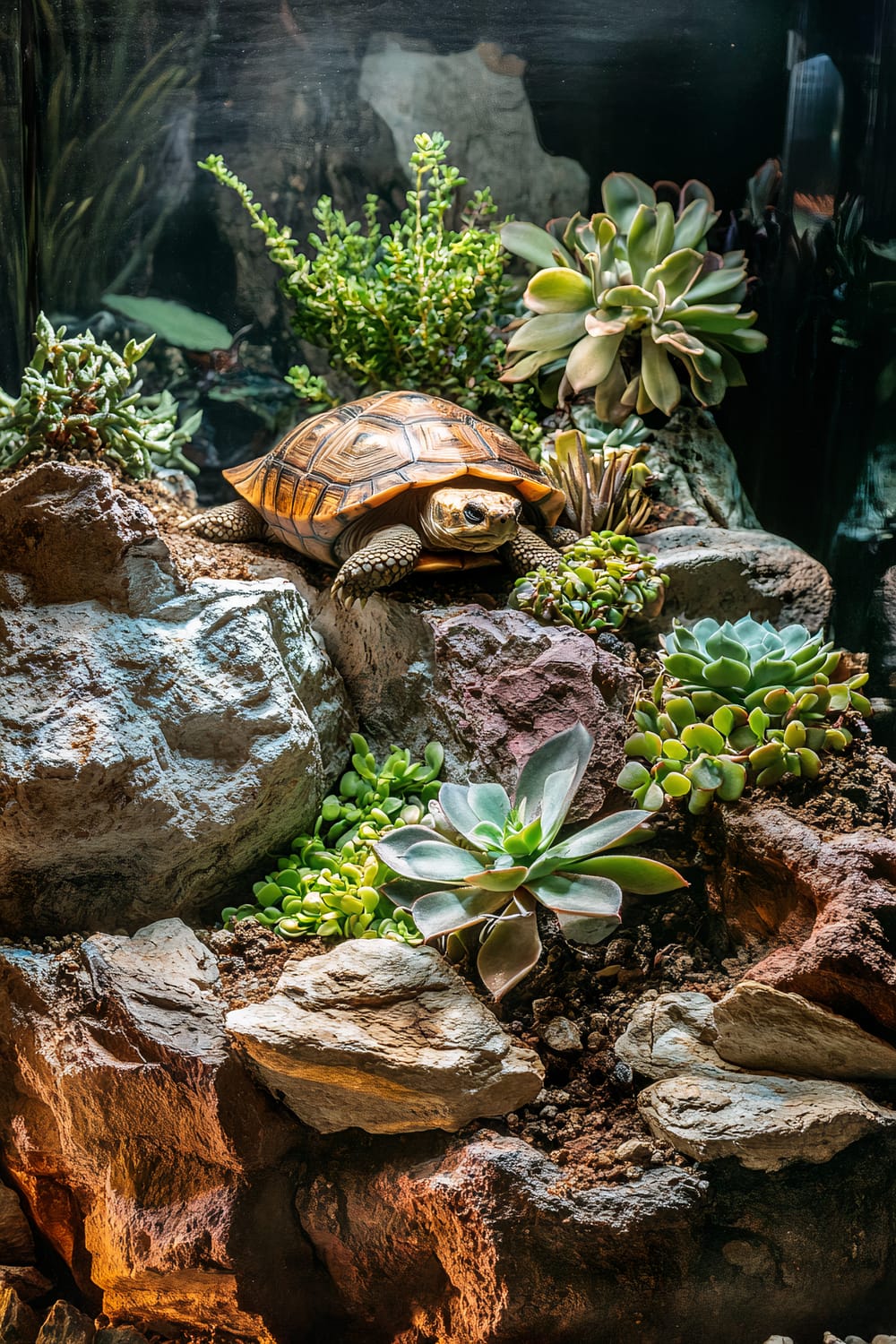 A tortoise rests on a rocky terrain inside a terrarium. The environment features various green succulents and plants among the rocks. The tortoise has a patterned shell and appears alert, with its head slightly raised.