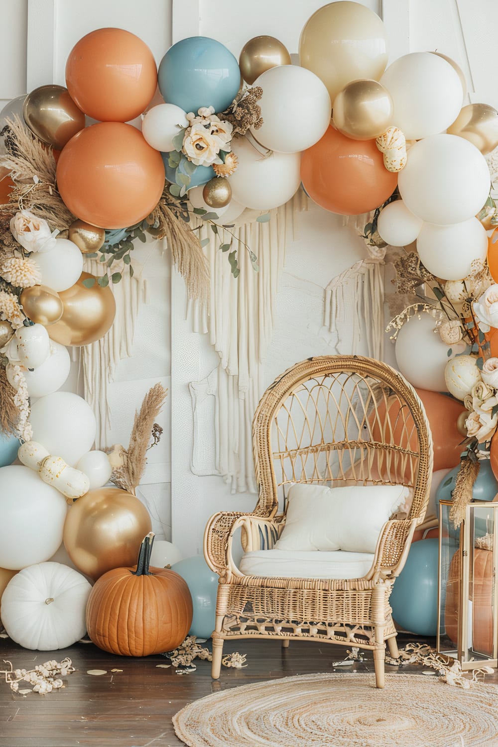 A whimsical interior setup featuring a wicker chair with a white cushion, surrounded by an arch of colorful balloons in shades of orange, blue, white, and gold. The background includes hanging macrame detail and dried floral arrangements. At the base of the balloon arch, pumpkins and gourds of varying sizes and colors are arranged, adding an autumnal touch. A round, braided rug is placed underneath the chair, completing the cozy scene.