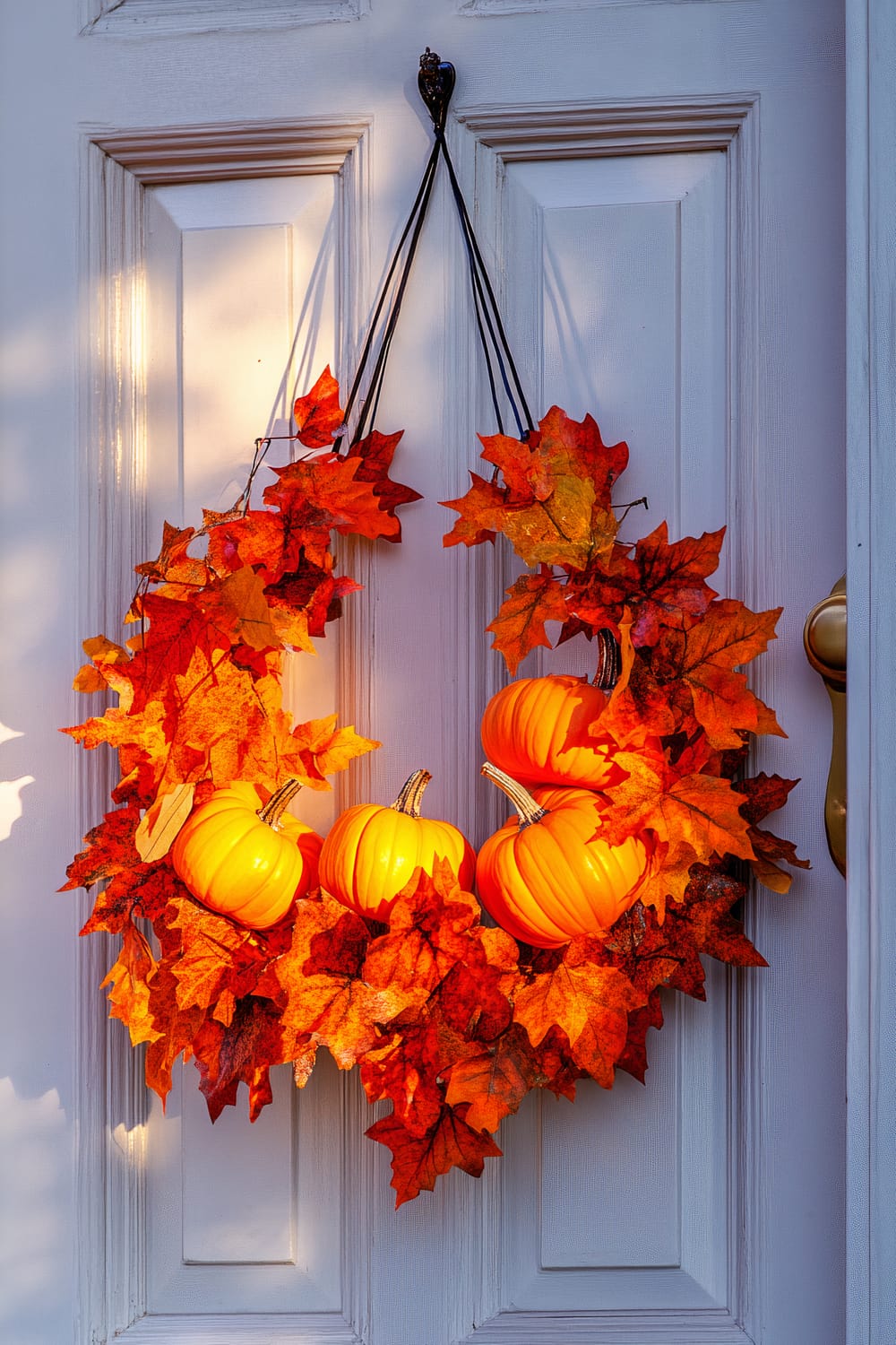 A white door with a wreath hanging on it. The wreath is made of autumn leaves in shades of orange and red, and small pumpkins. Light is casting shadows and creating a warm glow on the door and wreath.