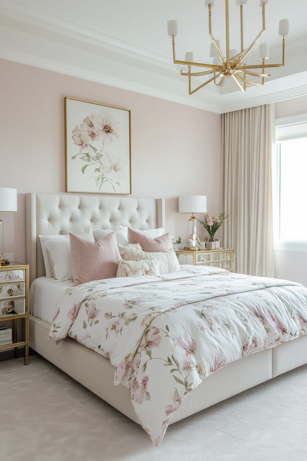 A refined bedroom featuring a tufted headboard and a bed dressed in floral-patterned bedding. Soft pink pillows adorn the bed, complementing the light pink walls. An elegant botanical print hangs above the headboard, framed in gold. The room is brightened by natural light filtering through cream-colored drapes. Gold-accented nightstands with matching lamps flank the bed, while a modern chandelier hangs from the ceiling.