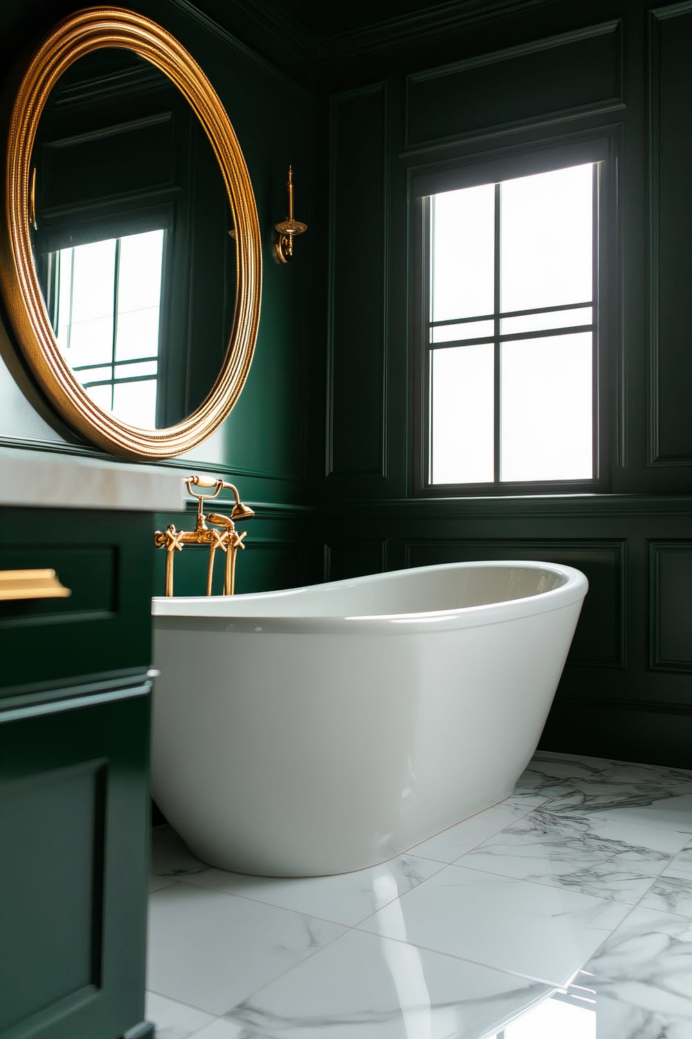 A sophisticated bathroom featuring dark green paneled walls, a large gold-framed round mirror, a white freestanding bathtub with gold fixtures, and a white marble floor with gray veining.