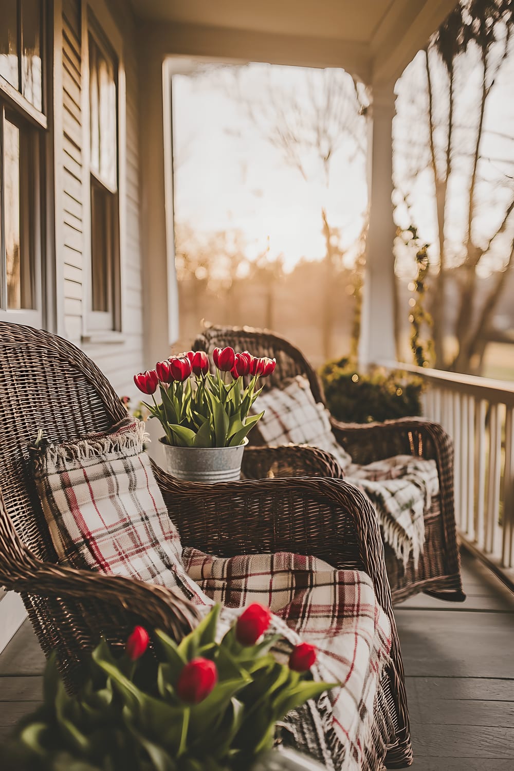 A charming front porch scene characterized by two thrifted wicker chairs adorned with a soft plaid blanket, bathed in warm golden-hour light. An age-old enamel bucket filled with blooming tulips adds a pop of color. The entire setup is cast in long, comforting shadows, accentuating the tranquility of the location.