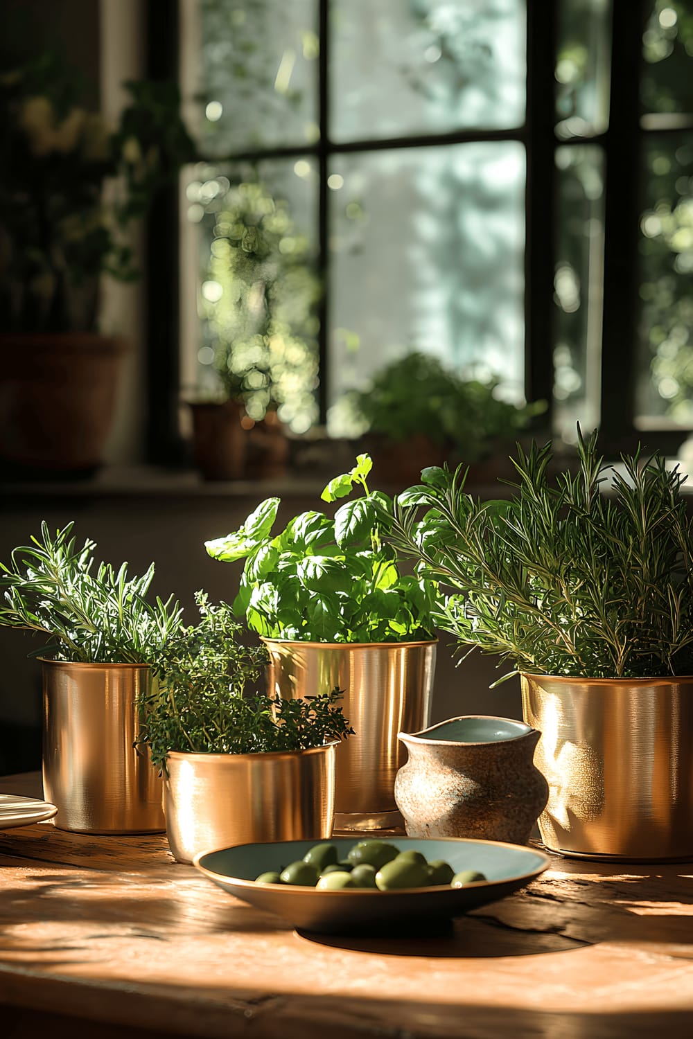 A well-lit kitchen scene features a rustic terracotta table adorned with a sophisticated centerpiece of three champagne gold pots. Each pot houses a different lush, green herb - olive, thyme, and oregano. The pots' metallic sheen contrasts beautifully against the table's rustic texture and the herbs' vibrant green hues.