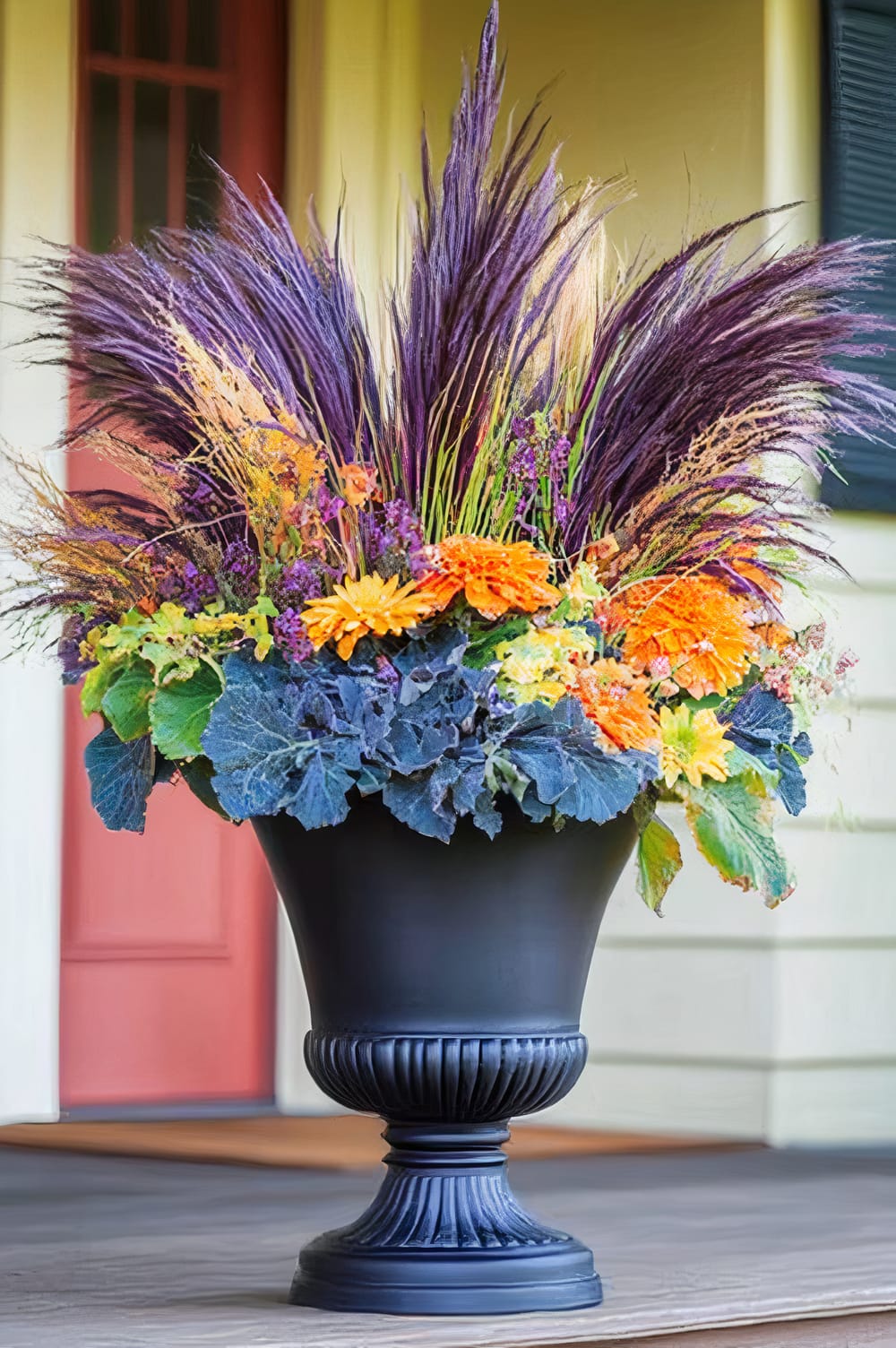 A black urn-shaped planter is filled with a vibrant and contrasting arrangement of purple ornamental grasses, orange flowers, and blue-green foliage. The planter is placed outside on a wooden porch with a red door in the background.