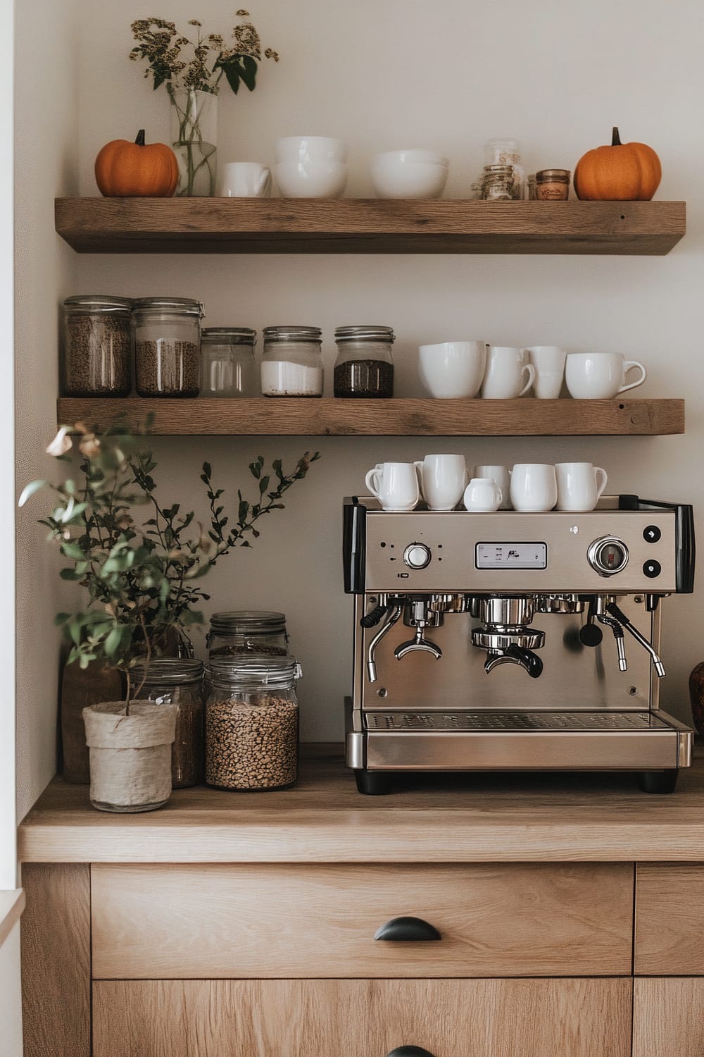 An espresso machine is situated on a wooden countertop beneath two wooden shelves. The shelves are filled with jars containing various dry goods, white bowls, mugs, and small pumpkins. A small plant and more jars are on the countertop near the espresso machine.