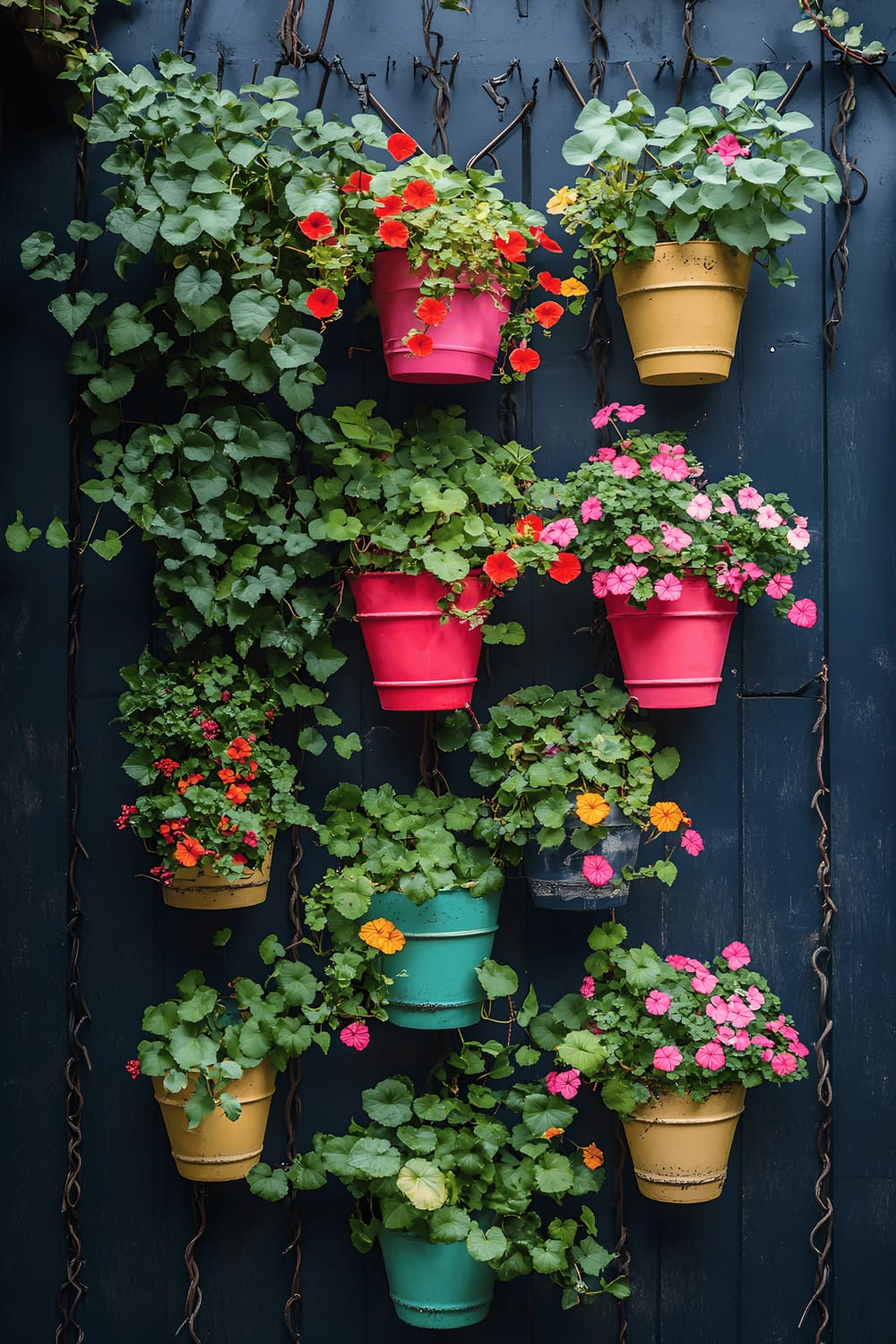 A sunlit patio wall adorned with a vertical garden of ivy and geraniums in colorful pots against a bold, navy blue backdrop.