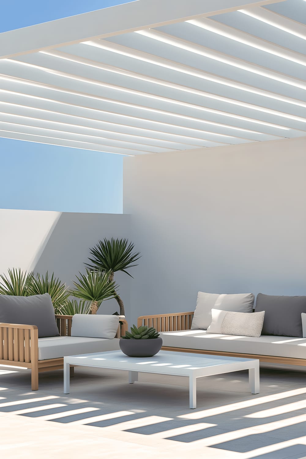 A modern, minimalist outdoor seating area set beneath a clean-lined white pergola. The space features Scandinavian-style light wood furniture, including a loveseat adorned with soft grey cushions, and a simple white coffee table. Beside the furniture, there are several monochrome potted succulents. The scene presents a neutral colour palette subtly highlighted with green accents from the plants. Sharp, contrasting shadows created by bright, natural lighting give depth and elegance to the scene.