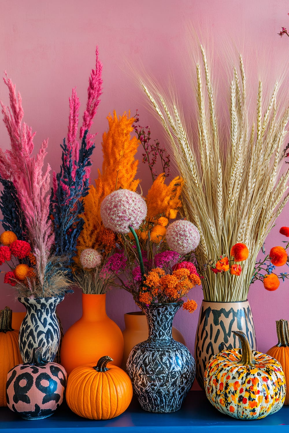 An eclectic arrangement of vases and pumpkins against a pink wall. The display includes dried plants in vibrant hues of pink, orange, blue, and beige, arranged in vases with bold patterns such as animal print and solid colors. Pumpkins, both natural and painted, are scattered around the vases on a deep blue surface.