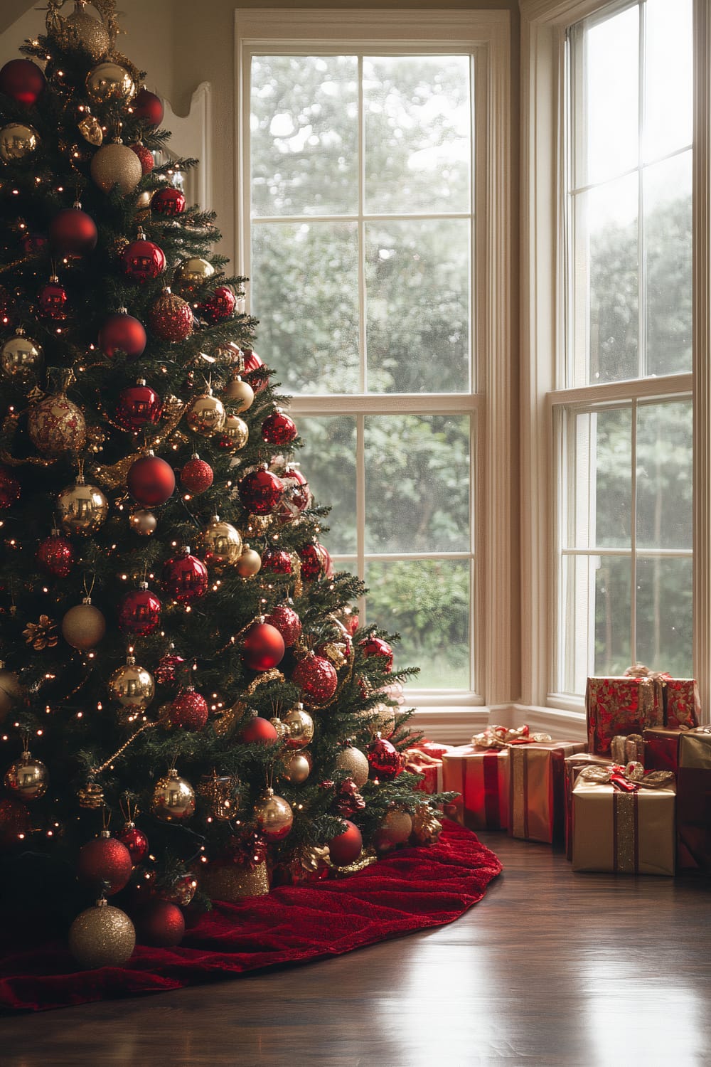 A festive Christmas tree adorned with a mix of red and gold ornaments stands prominently in front of a bay window. The tree’s branches are densely decorated with baubles, ribbons, and a crowning ornament on top. Below the tree is a luxurious red tree skirt. To the right of the tree, several wrapped gifts in coordinating red and gold paper are placed together, creating a holiday atmosphere. Through the windows, greenery outside adds a natural backdrop.