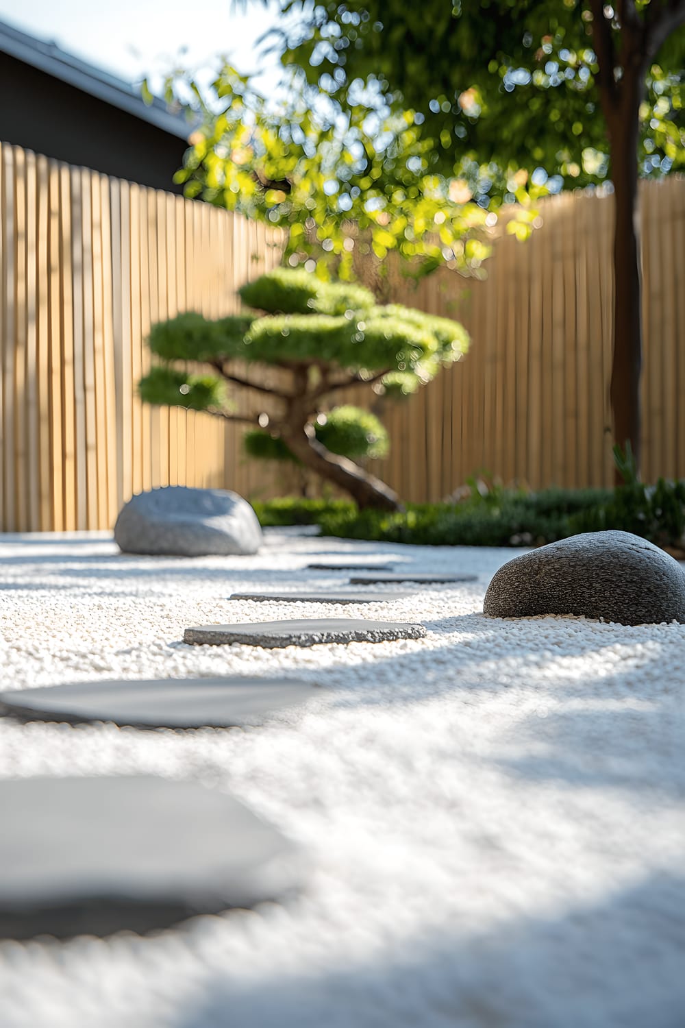 A Zen garden is captured from a low angle, showcasing the simplicity and serenity of its setup. The garden features finely raked white gravel, a few smooth gray stones placed at strategic intervals, a small bonsai tree, and a tall, slender bamboo fence. The sketchy rays of the early morning light hitting the scene add to the tranquility of the composition.