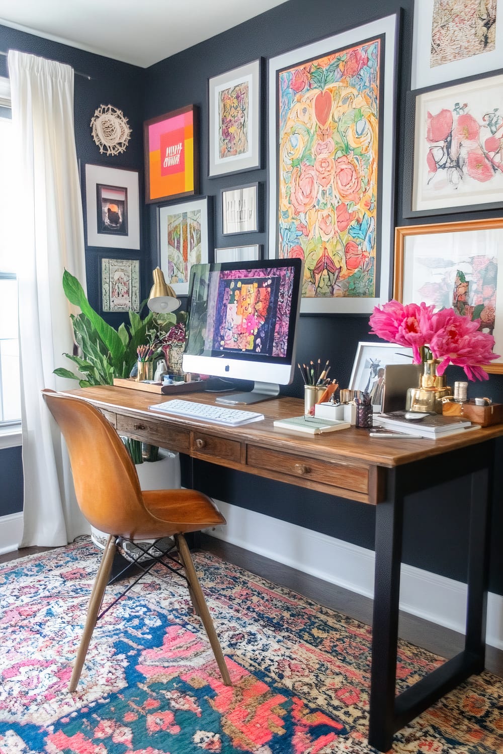 An eclectic home office with a wooden desk, a modern leather chair, and a computer. The walls are adorned with vibrant and colorful artwork in various frames. A tall plant stands next to the desk, and the floor has a patterned rug with bold colors. White curtains partially cover a window in the background.